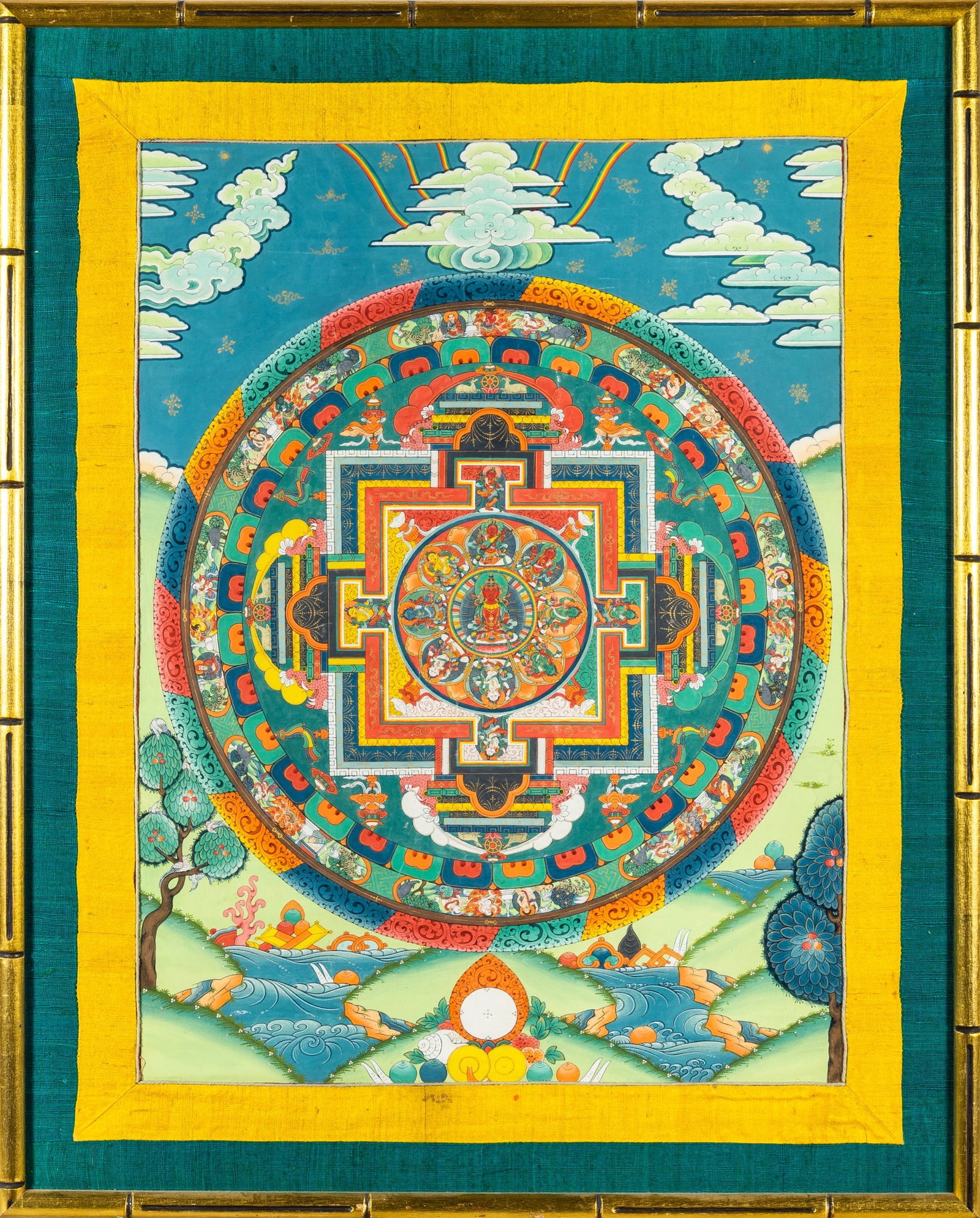 A Tibetan Mandala Thangka 19th century: Distemper on cloth, depicting a vivid and intricate mandala; framed. (Sight 25 x 31 inches)