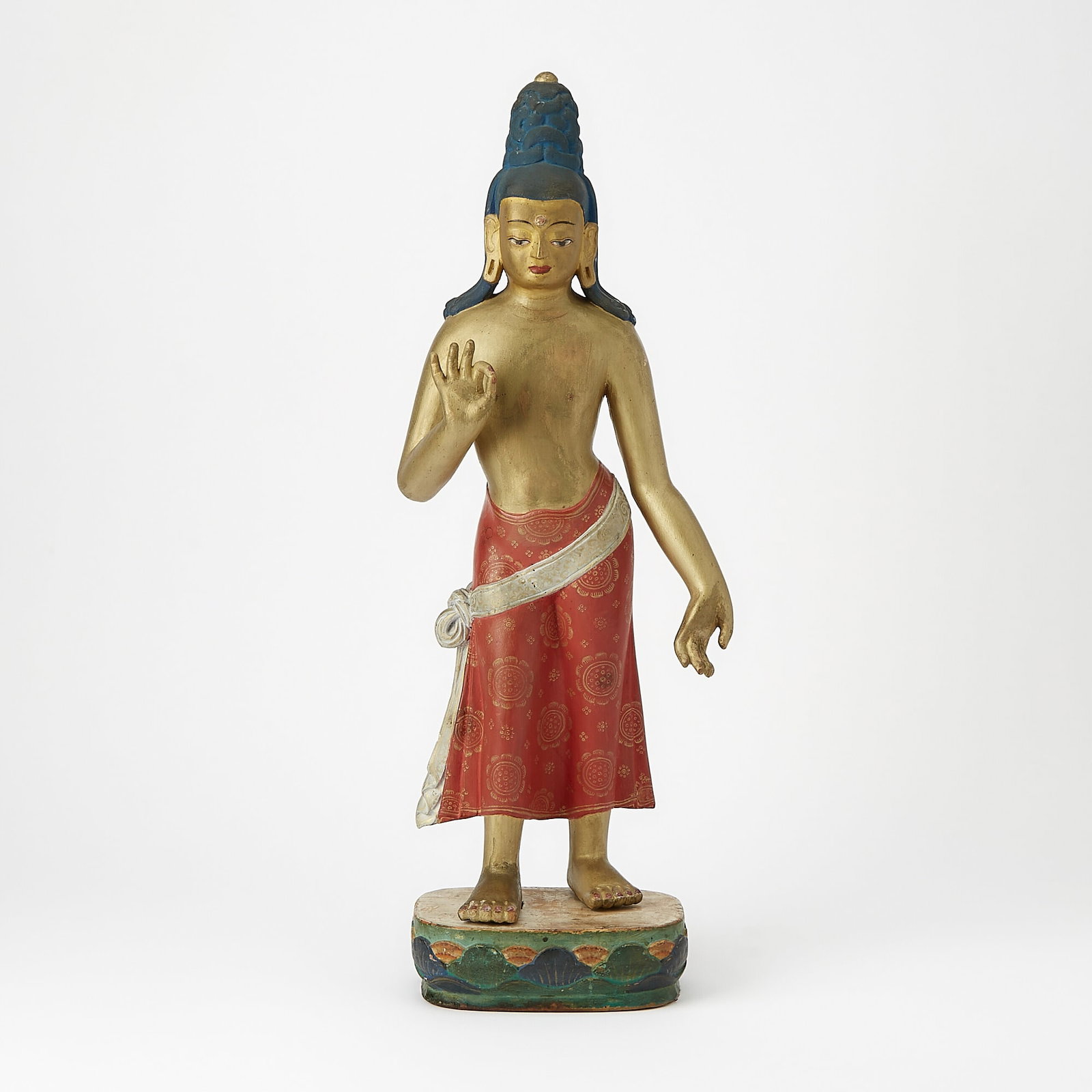 A Rare Large Polychromed Wood Carving of Maitreya Likely Mongolia, 19th century: The standing gilt lacquered figure rendered in the Zanabazar style and mounted to a colorful oval lotus base. (Height 20 1/2 inches)