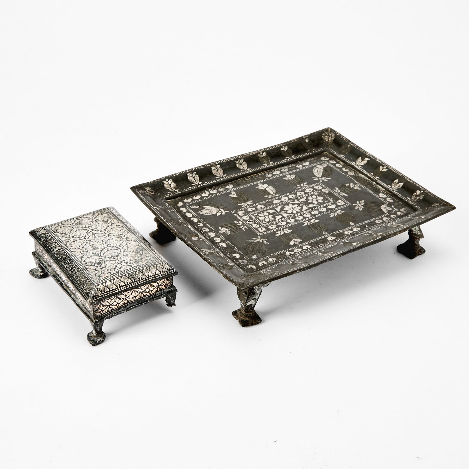 An Indian Silver-Inlaid Alloy Bidri Ware Tray and a Covered Footed Box 18th-19th century (1 of 5)