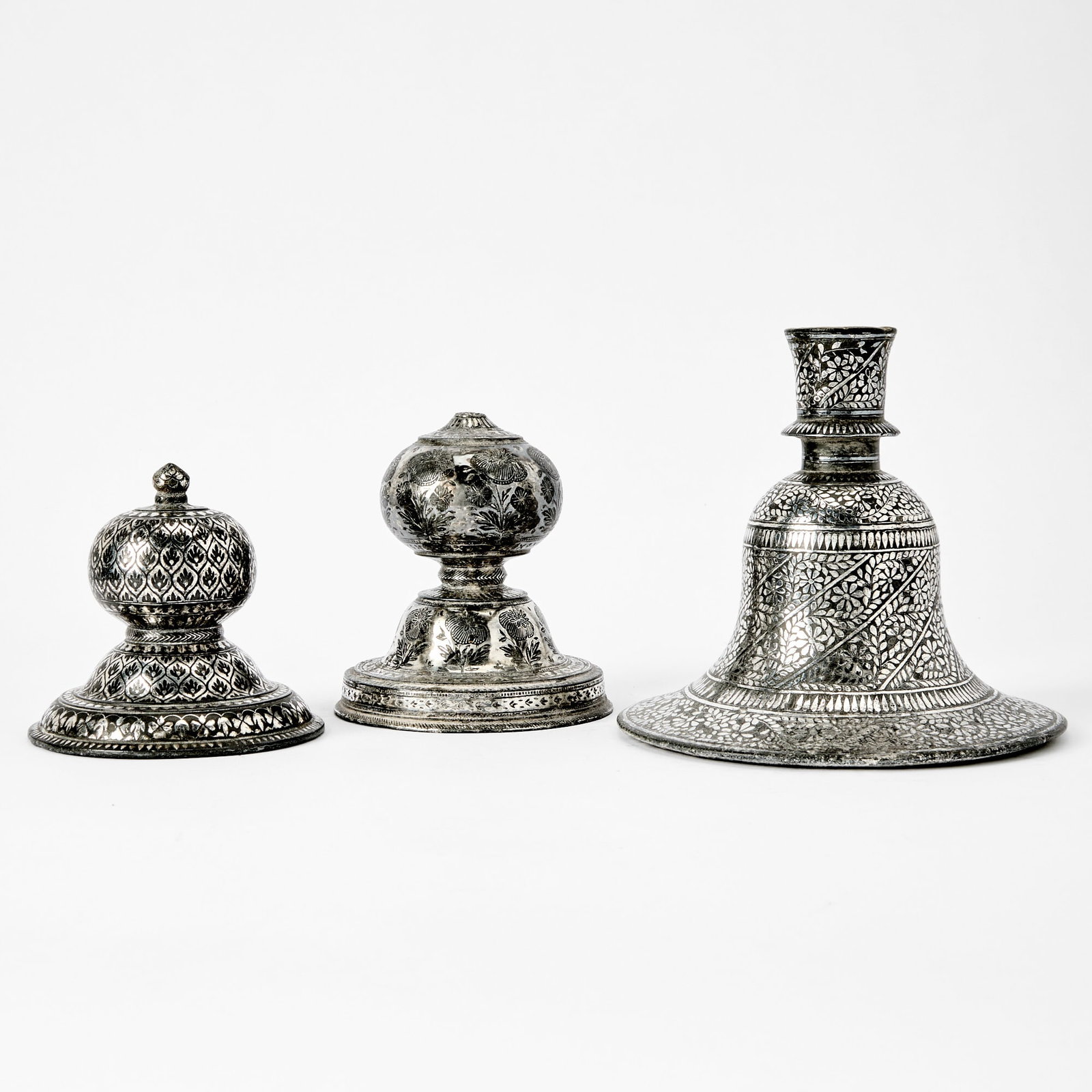 Two Indian Silver-Inlaid Alloy Bidri Ware Carpet Weights and a Huqqa Base 18th-19th century (1 of 5)