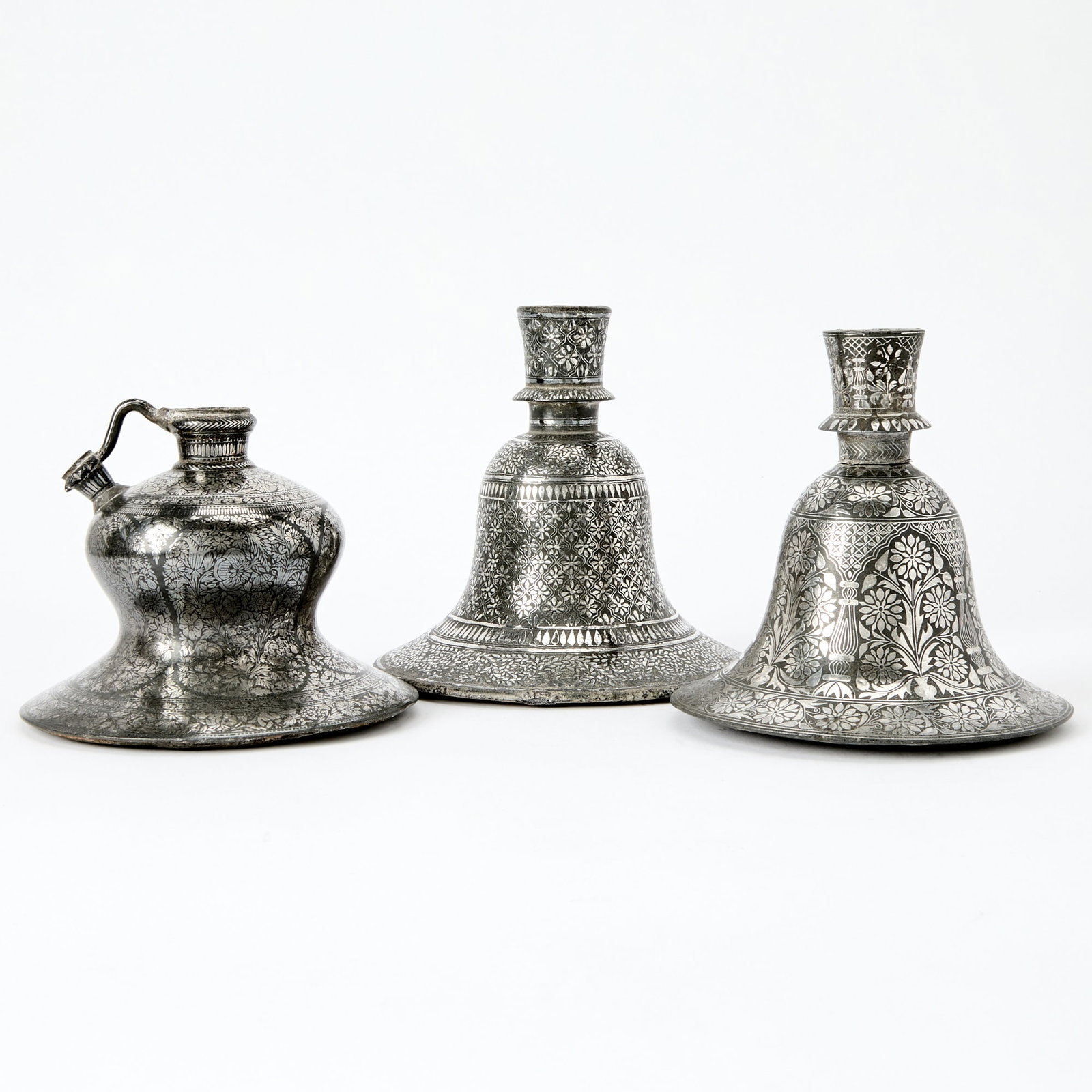 Three Indian Silver-Inlaid Alloy Bidri Ware Hookah Bases Deccan, 18th-19th century (1 of 6)