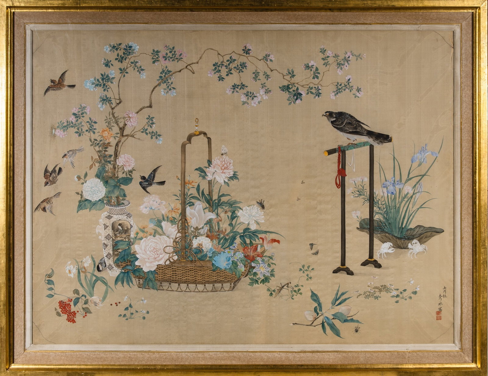 A Large Japanese School Painting 19th Century: Ink and color on silk Depicting a bird perched on a kimono rack beside blossoming branches issuing from a vase and basket, interspersed with additional floral sprigs and various small creatures. If yo