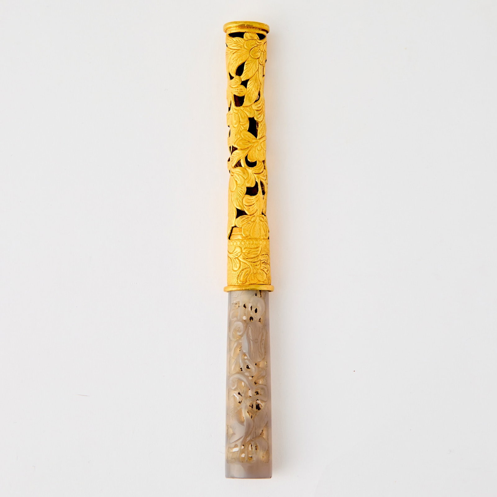 A Chinese Carved Agate Knife Handle and Pierced Gold Scabbard Liao Dynasty (1 of 5)