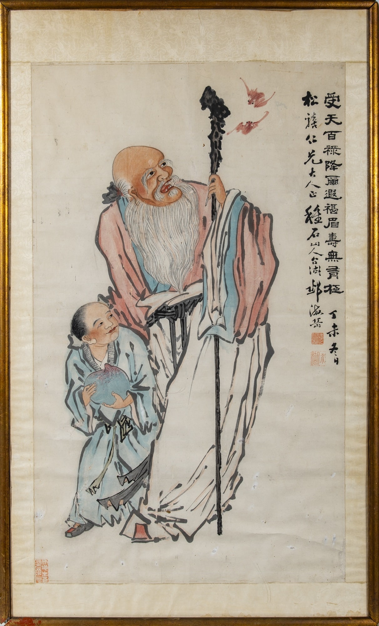 A Chinese School Qing Dynasty: Ink and color on paper Depicting Shouxing and his attendant Mounted and framed (Sight 27 1/2 x 46 1/2 inches)