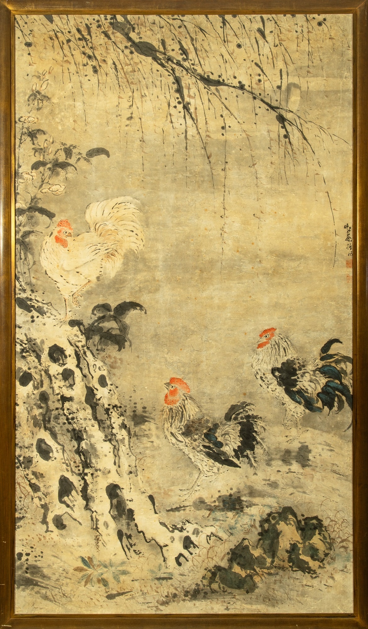 A Chinese Painting 18th Century: Ink and color on paper Depicting three roosters under an overhanging branch. Framed (Sight 68 1/2 x 38 1/2 inches)