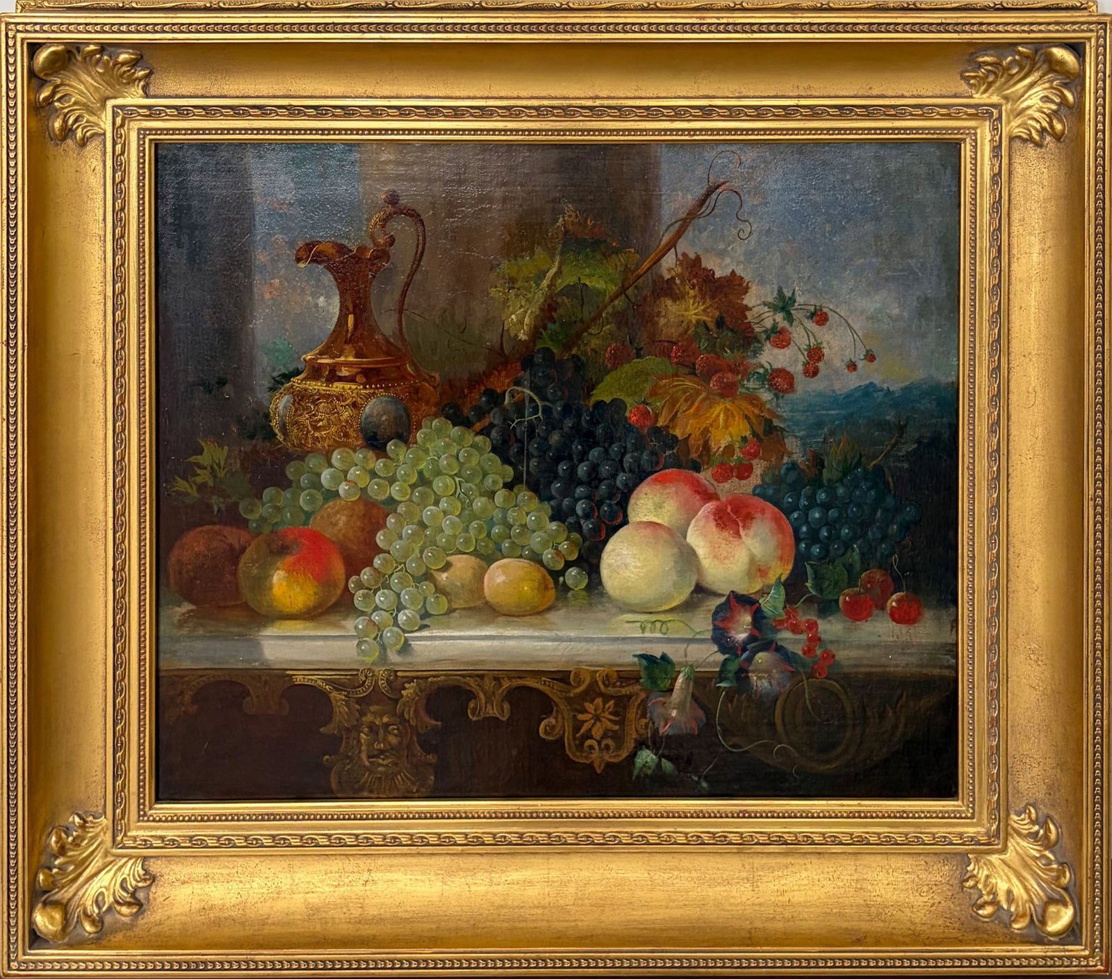 Anglo-American School: Late 19th Century Still Life with Fruit and Ewer Oil on canvas 20 x 24 inches Framed 27 1/4 x 31 1/2 inches