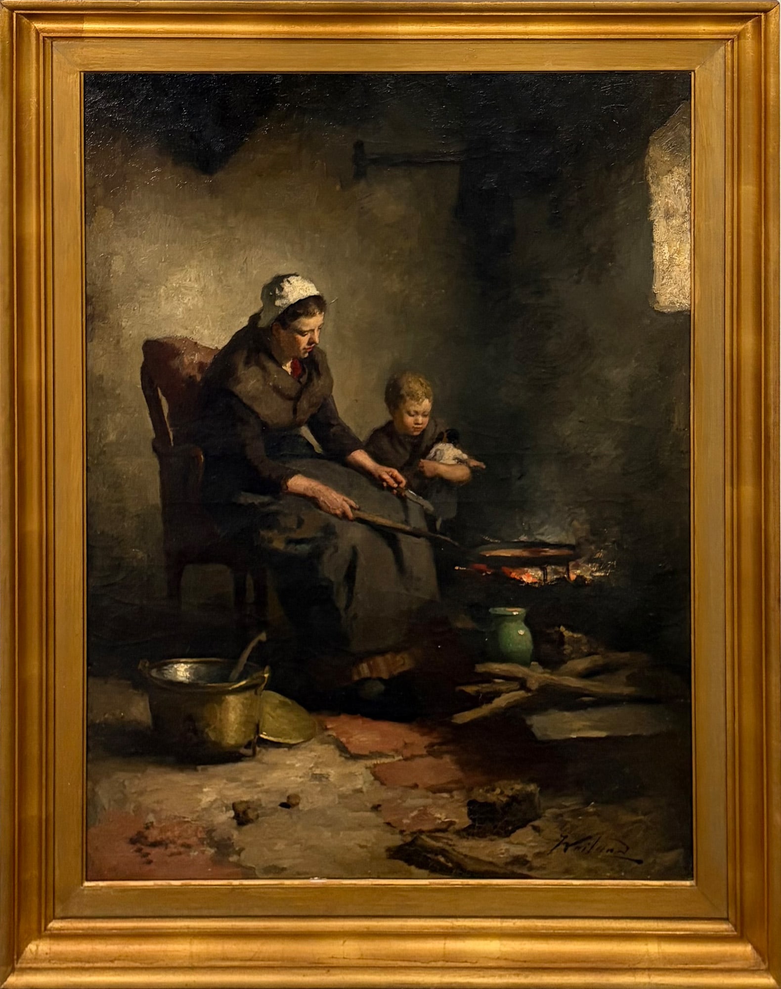 Johannes Weiland: Dutch, 1856-1909 Mother and Child Preparing Dinner Signed Weiland (lr) Oil on canvas Sight 31 x 23 inches Framed 37 x 29 inches