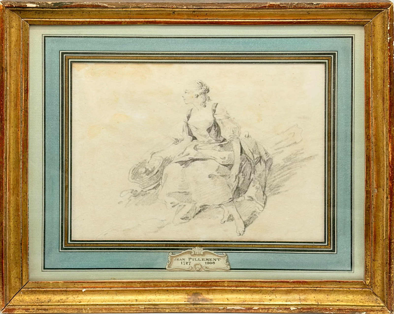 Jean-Baptiste Pillement: French, 1728-1808 Woman Seated with a Basket Chalk on paper Sight 7 1/8 x 9 7/8 inches Framed 12 3/8 x 15 1/8 inches Provenance: Brunk Auctions, Asheville, North Carolina, May 19-20, 2017, Lot 1164