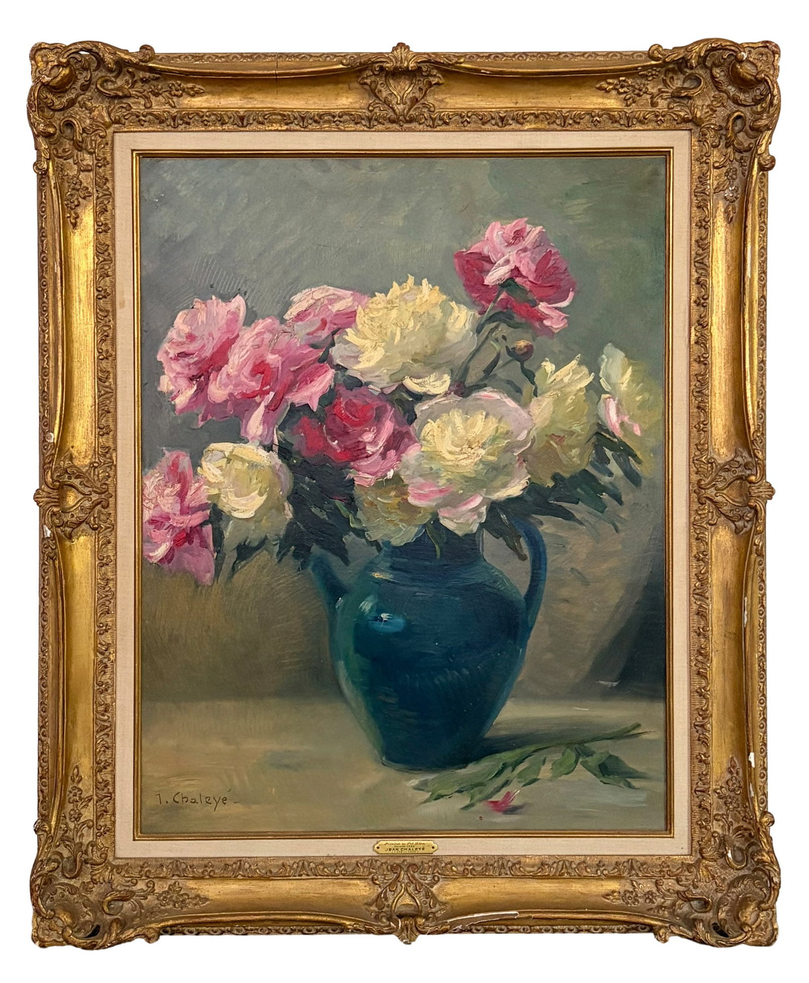 Jean Chaleye: French, 1878-1960 Pivoine au Pot Bleu, 1930 Signed J. Chaleye (ll); dated and inscribed as titled on the reverse Oil on canvas 31 1/2 x 25 1/4 inches Framed 40 1/2 x 34 1/4 inches Provenance: Wally