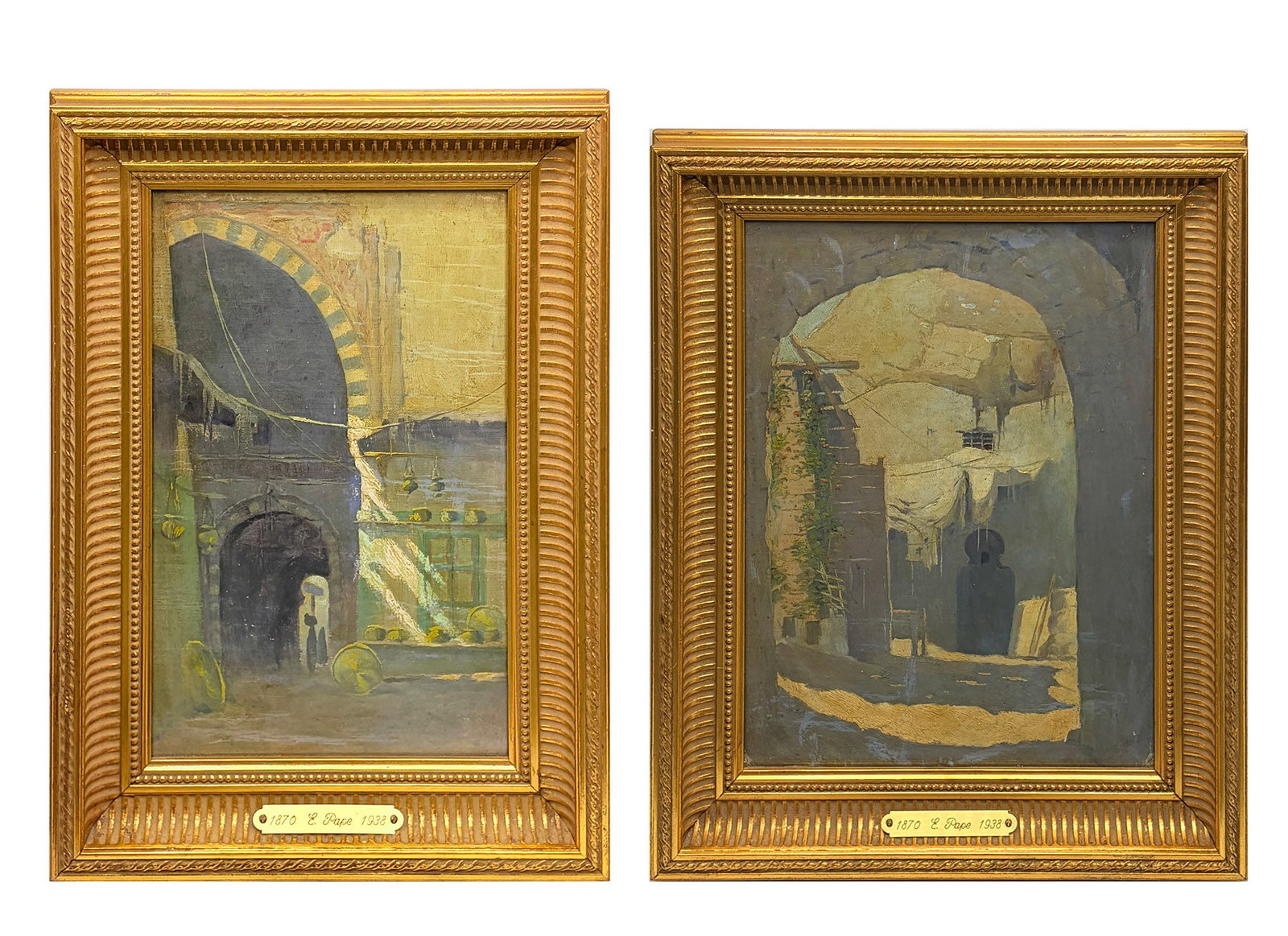 Eric L. Pape: American, 1870-1938 Courtyards in Cairo: Two Works Oil on canvas Sight of the first 12 x 7 1/4 inches; Sight of the second 12 3/4 x 9 1/4 inches Frames 16 x 11 1/4 inches and 17 x 13 1/4 inches Each