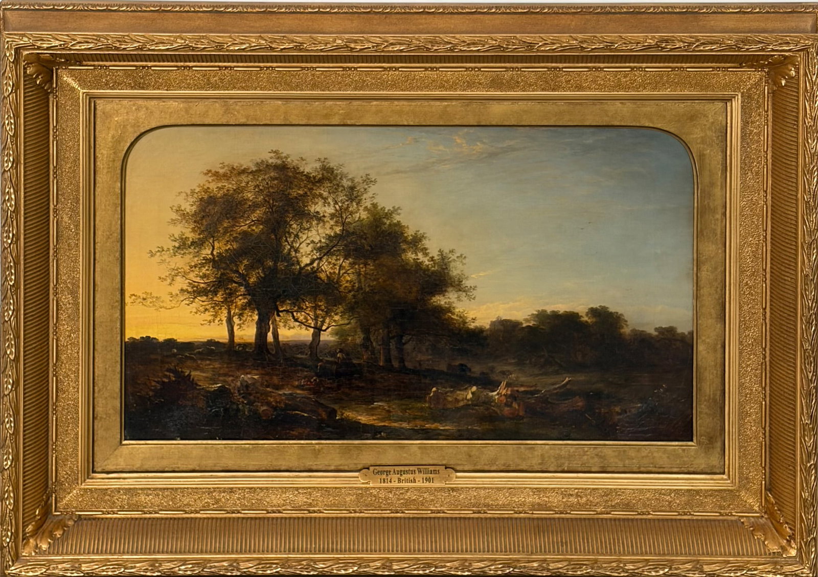 George Augustus Williams: British, 1814-1901 Evening, View Near Some Oaks. Kent. 1842 Signed G. A. Williams and inscribed as titled on the reverse Oil on canvas 14 1/4 x 24 1/4 inches Framed 24 x 34 inches Provenance: