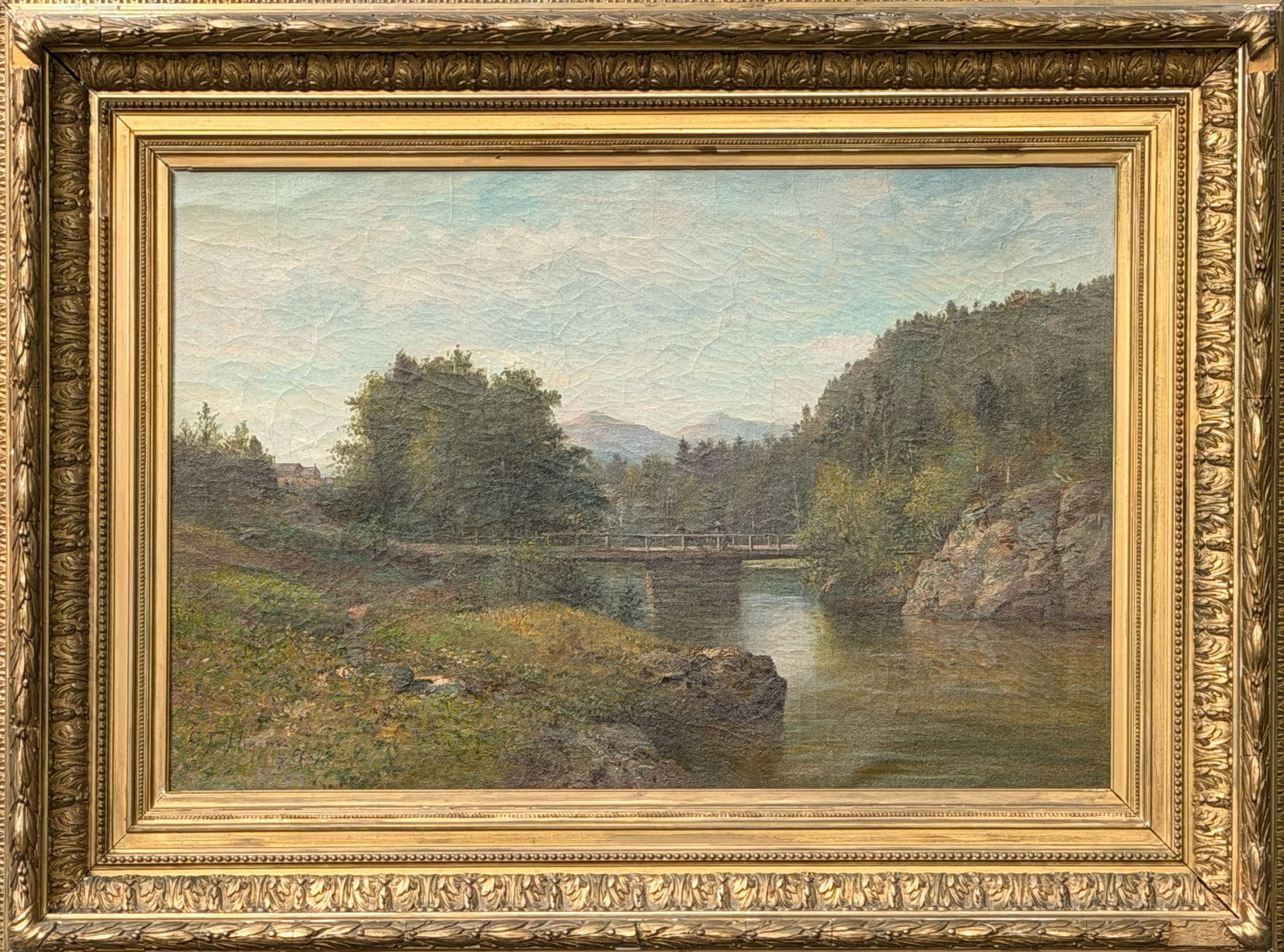 George Frank Higgins: American, 1850-1884 Horse and Cart Crossing a Bridge Signed G. F. Higgins (ll) Oil on canvas 24 1/4 x 36 1/4 inches Framed 36 1/2 x 48 1/2 inches