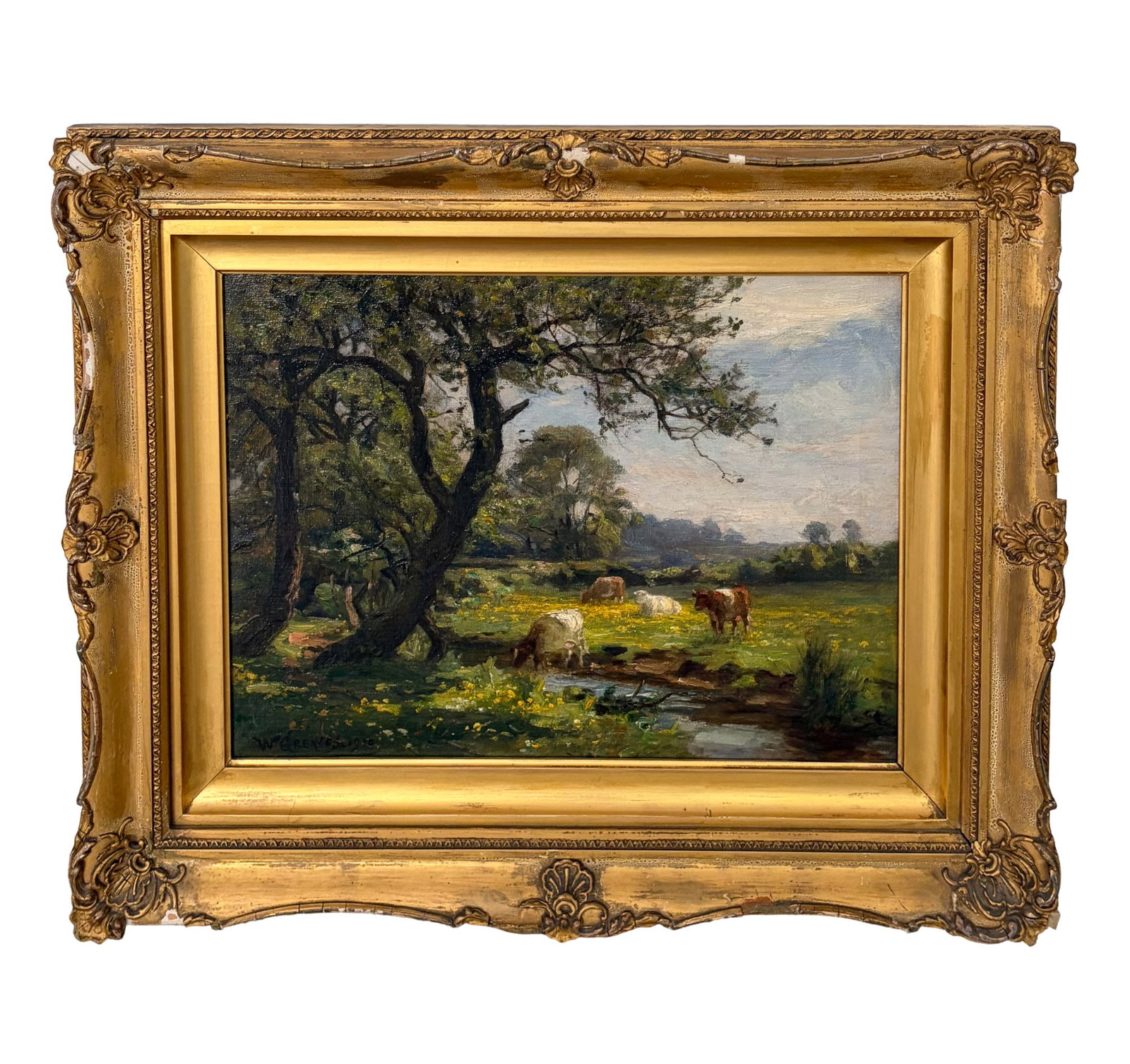 William Greaves: British, 1852–1938 Cows Watering, 1920 Signed and dated W. Greaves 1920 (ll) Oil on canvas 12 x 16 inches Framed 18 1/2 x 22 1/2 inches