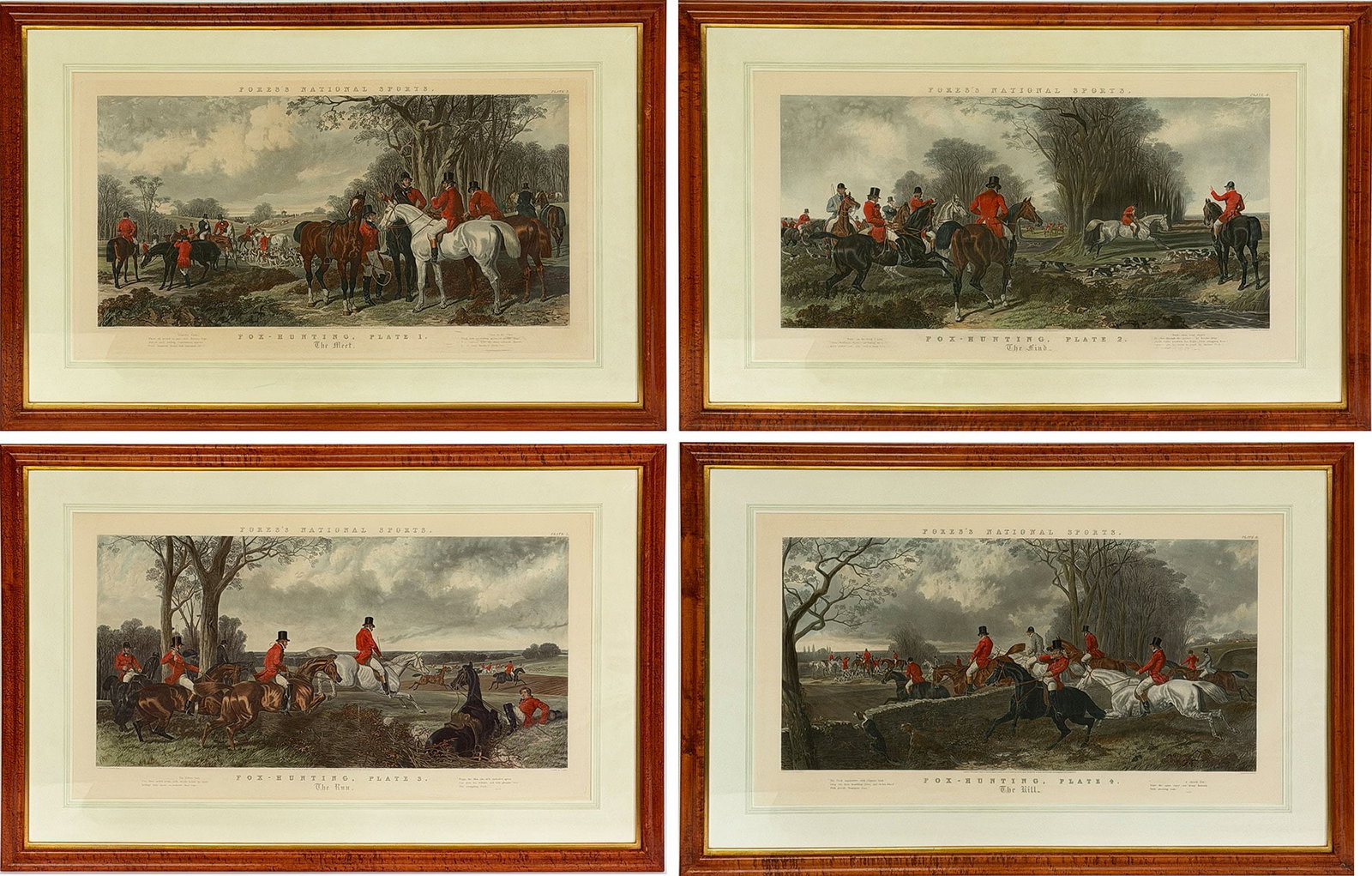 After John Frederick Herring, Sr. (1795-1865): THE MEET; THE FIND; THE RUN; THE KILL Four hand-colored aquatints by John Harris, from Fores's National Sports: Fox Hunting, published by Messrs. Fores, London, April 12th 1852, framed. Images 20 1/2