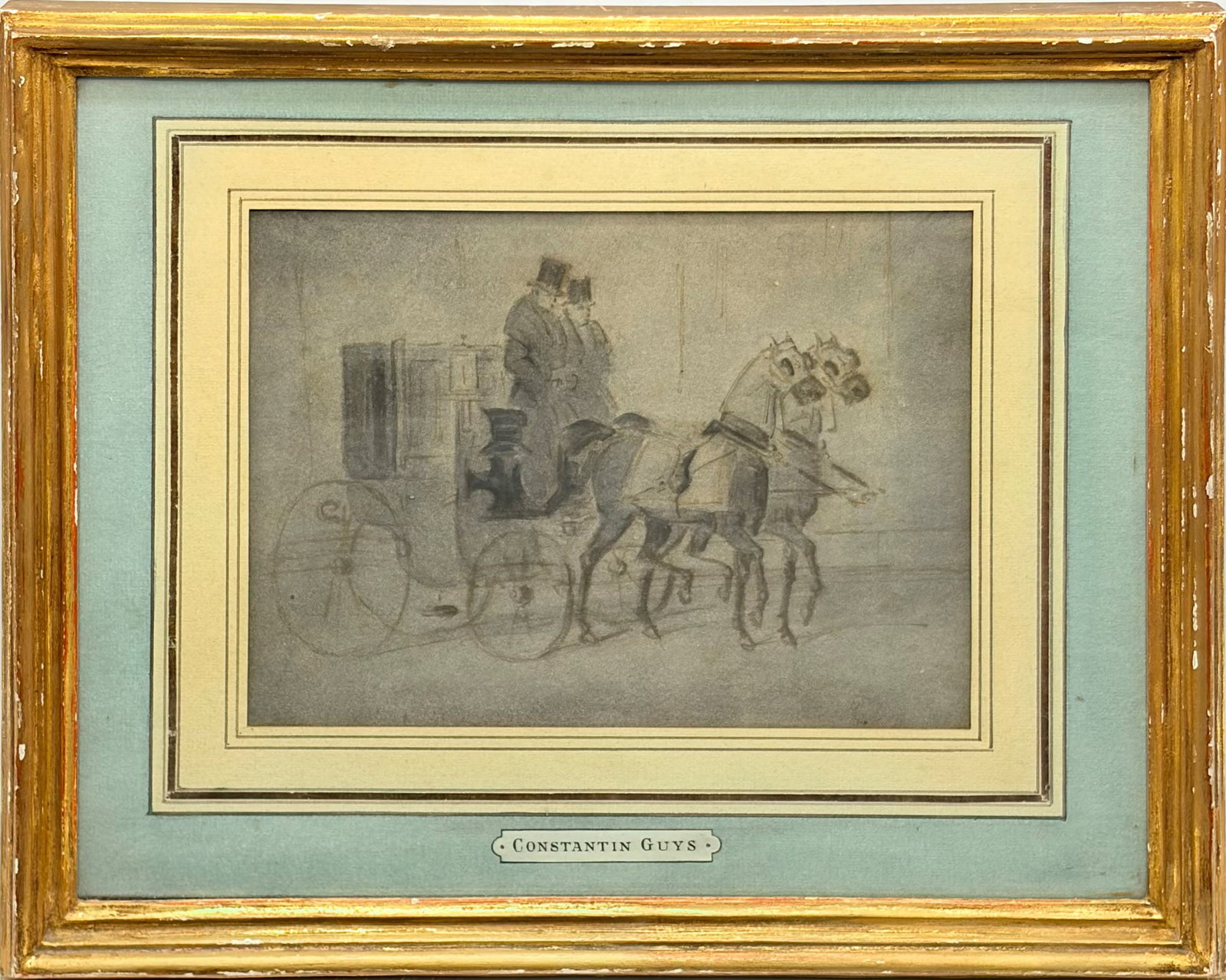 Constantin Ernest Adolphe Hyacinthe Guys: Dutch, 1802-1892 Two Horses and Carriage Ink with wash on paper Sight 6 1/8 x 8 1/8 inches Framed 11 3/8 x 13 3/8 inches Provenance: Mr. and Mrs. Quincy A. Shaw McKean Exhibition: Fogg A