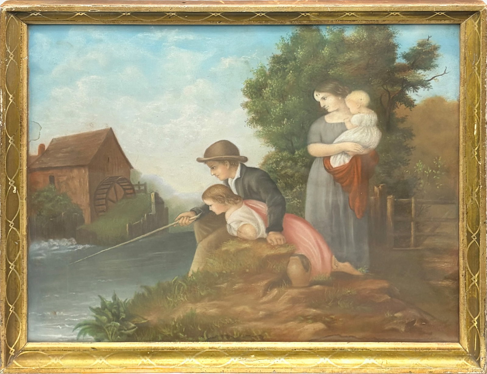 American School: 19th Century Fishing by the Mill Identified on label on reverse This crayon is the work of Miss Mary Lyon of Willimantic, Connecticut. It was made for the Rev. Samuel G. Willard... Pastel on paper 13