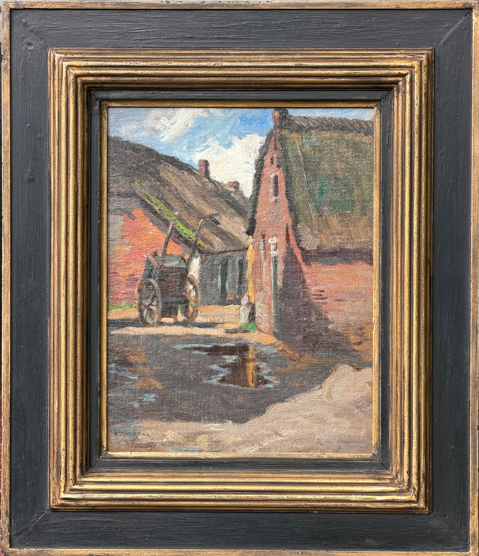 Addison Thomas Millar: American, 1860-1913 Farmyard with Cart Signed A. T. Millar (ll) Oil on canvas 13 1/2 x 10 3/4 inches Framed 21 3/4 x 18 inches Provenance: James D. Julia, Fairfield, Maine, January 30, 2005, lot 26