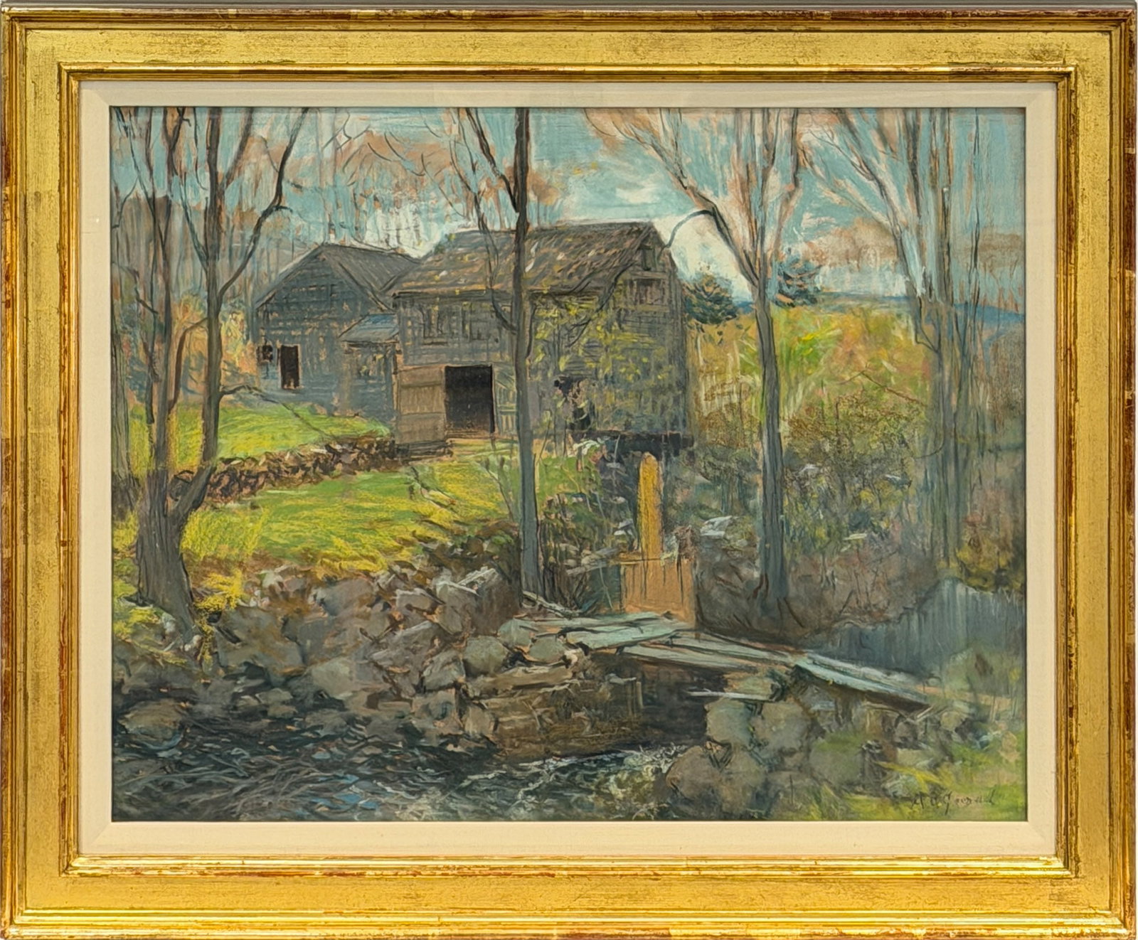 Arthur Clifton Goodwin: American, 1864-1929 The Ruined Dam, foot of Ossipee Mts., 1889 Signed A. C. Goodwin (lr); inscribed as titled and dated May 22, 1889 on the reverse Pastel on cardboard Sight 18 1/4 x 23 1/4 inches