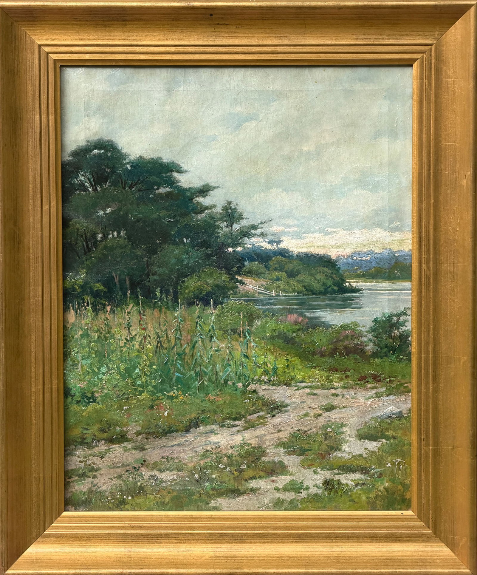 American School: 19th Century Water's Edge Oil on canvas 28 x 22 inches Framed 35 1/4 x 29 1/4 inches