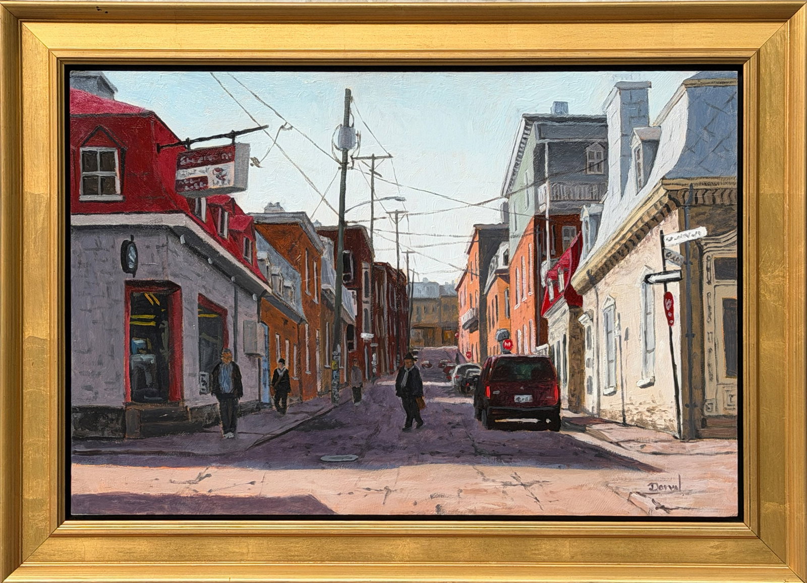 Claude Dorval: Canadian, b. 1953 Coin St. Olivier et St. Claire, Vieux Quebec Signed Dorval (lr); signed and inscribed on the reverse Coin St. O et Ste. Claire, Claude Dorval Oil on board 16 x 24 inches Framed 21 x