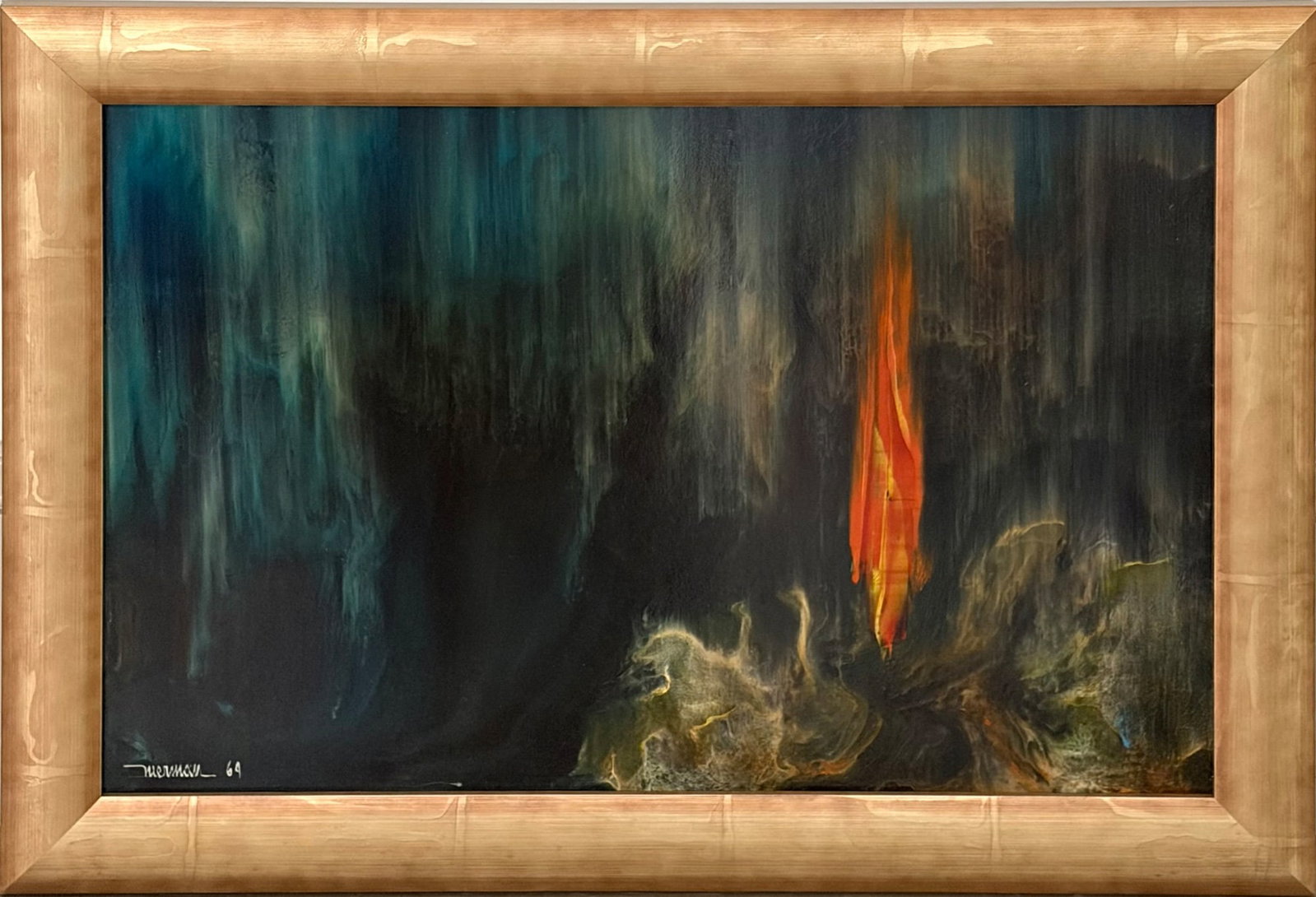 Leonardo Nierman: Mexican, 1932-2023 Magic Fire, 1964 Signed and dated Nierman 64 (ll); accompanied by a signed letter by the artist dated March 28, 1964 Oil on masonite Sight 15 x 23 inches Framed 19 1/4 x 27 1/4