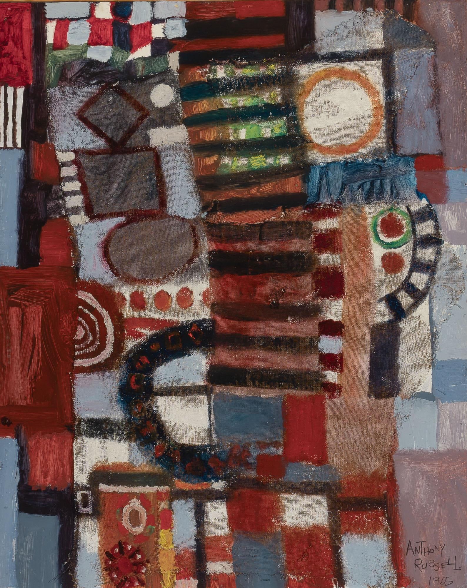 Anthony Russell: American, 20th Century Climbing the Night Away, 1965 Signed and dated Anthony Russell 1965 (lr); further signed and inscribed as titled on the reverse Oil and burlap on masonite 29 7/8 x 24 inches