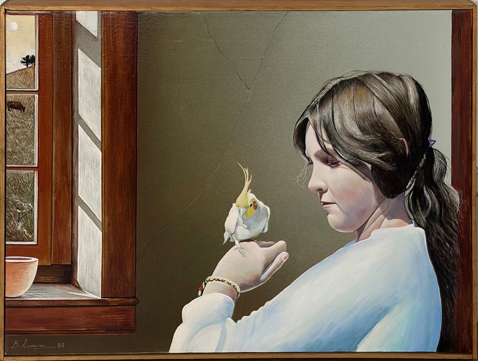 Bryan Davagian: American, b. 1953 Girl with Bird, 1988 Signed and dated B. Davagian 1988 (ll); titled and identified on artist's label on the reverse Acrylic on canvas 18 x 24 inches Framed 18 1/2 x 24