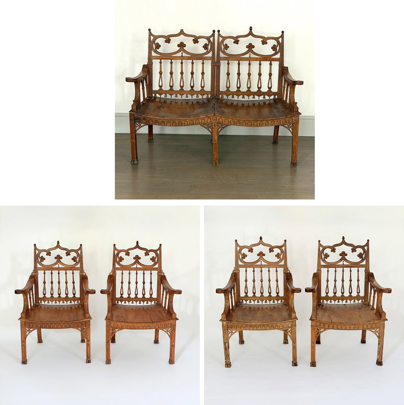 Set of Four George III Neo-Gothic Walnut Armchairs and Settee En Suite: Circa 1765 Height of settee 46 1/4 inches, length 60 inches, depth 23 1/2 inches; height of armchairs 46 inches, width 31 inches, depth 23 inches. Provenance: Decorative Arts Special Fund, by exchange