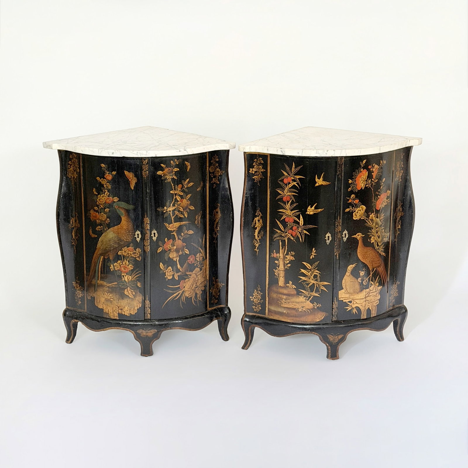 Pair of Louis XV Marble-Top Parcel-Gilt and Black Japanned Encoignures: Mid-18th century Height 35 1/2 inches, width 30 1/2 inches, depth 22 inches. Provenance: Bequest of Forsyth Wickes - The Forsyth Wickes Collection