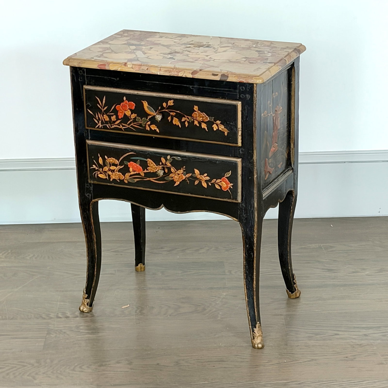 Louis XV Parcel-Gilt and Black Japanned Side Table: Mid-18th century Height 29 inches, Width 21 1/2 inches, depth 13 1/4 inches. Provenance: Bequest of Forsyth Wickes - The Forsyth Wickes Collection.