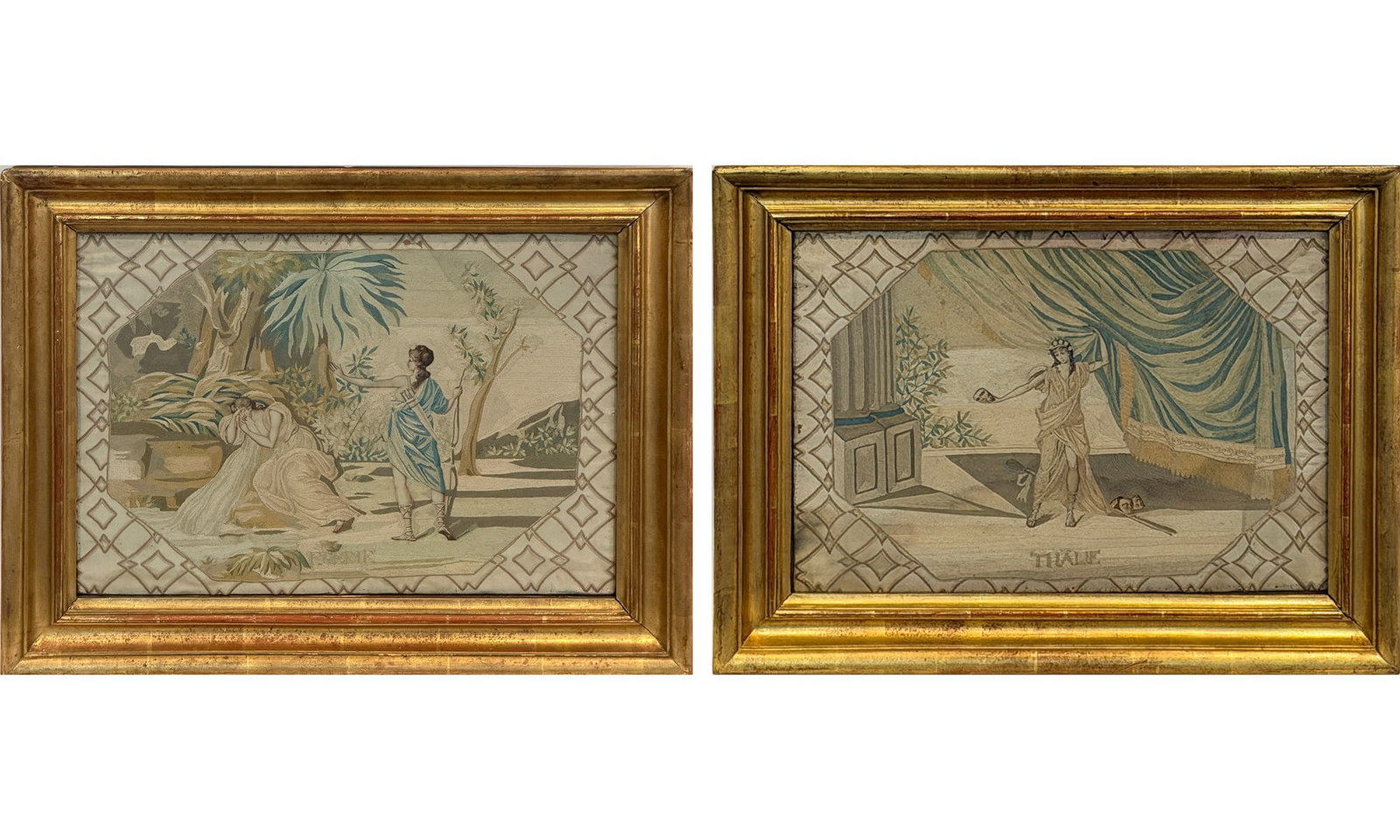 Two French Pictorial Needleworks "EGERIE" and "THALIE": 19th century Each with latticework border centering an octagonal reserve, the figures in each with faces in watercolor, pen and ink. Each sight 11 1/2 x 16 1/2 inches. framed overall: 16 x 21