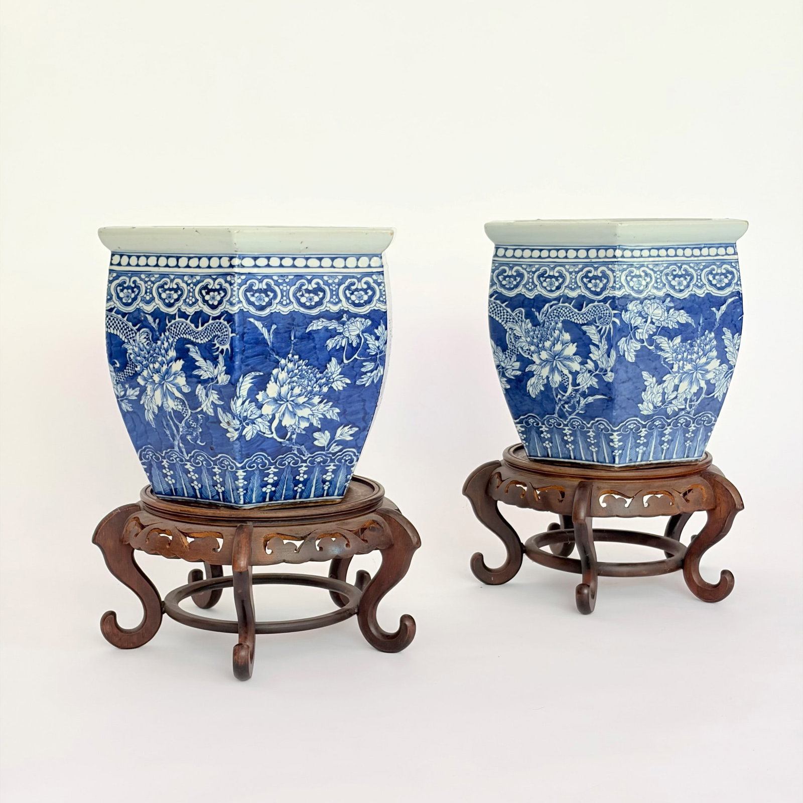 Pair of Chinese Blue and White Porcelain Hexagonal Jardinieres (1 of 4)