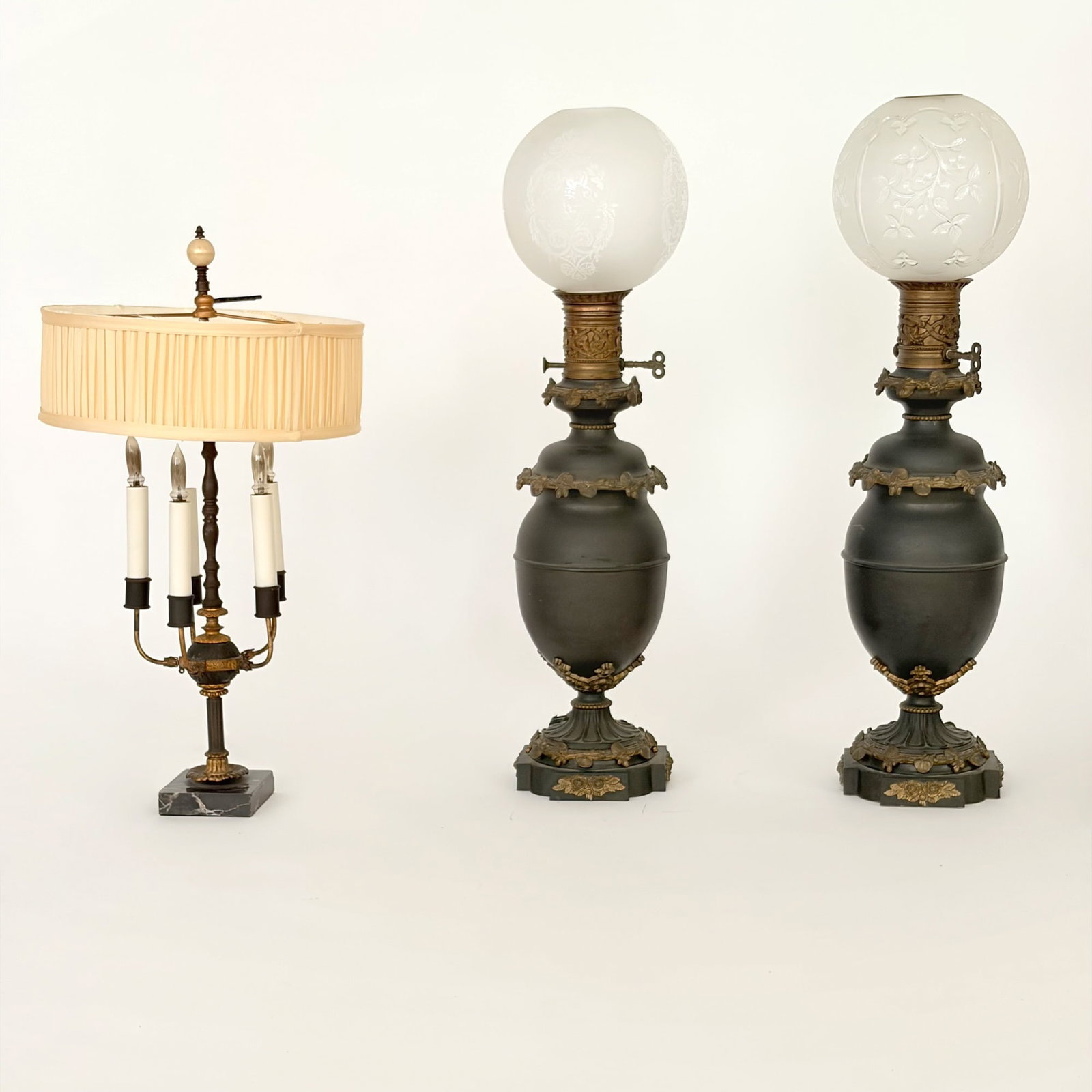 Pair of Bronze Table Lamps and a Five Light Buillotte Lamp (1 of 3)