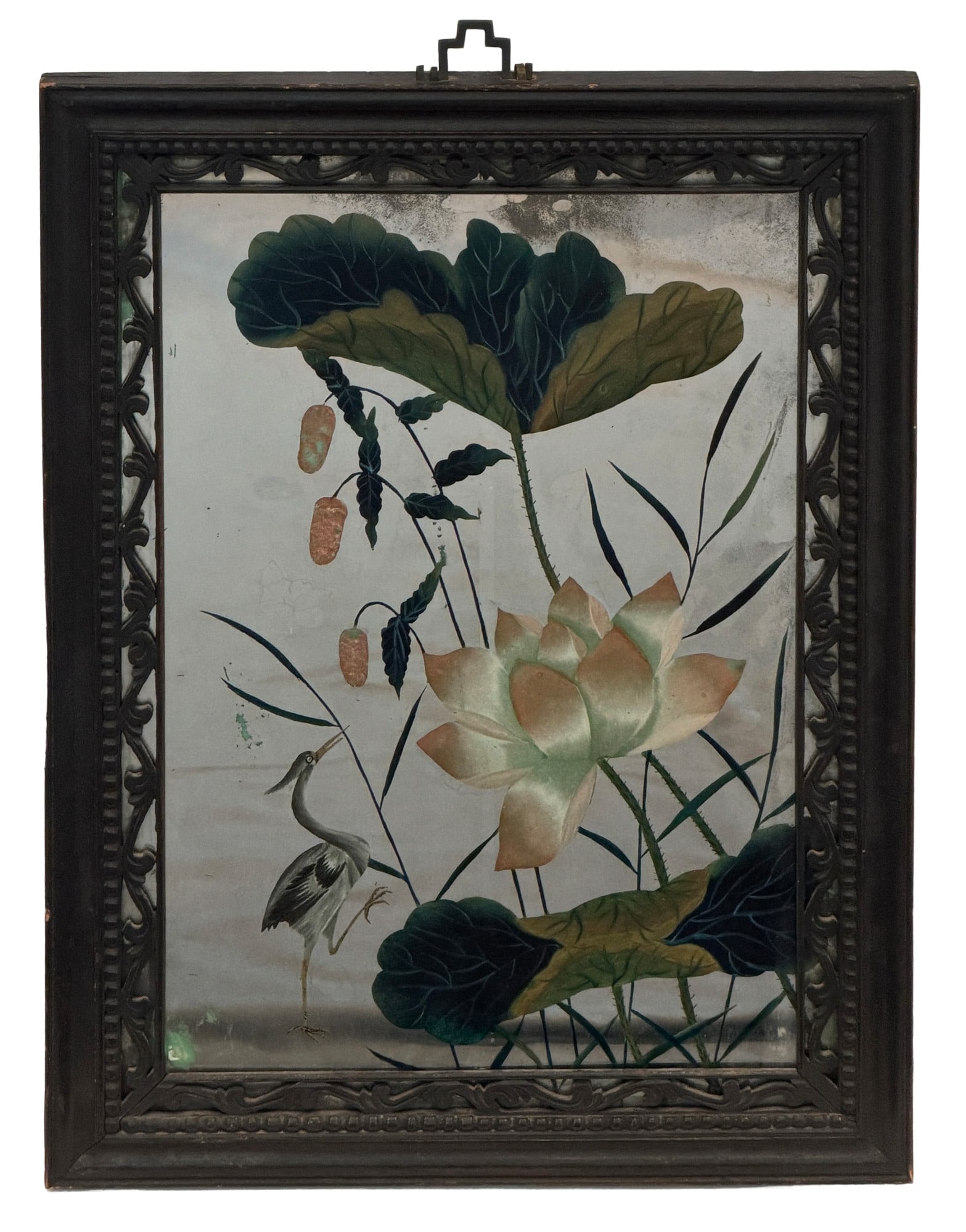 Chinese Reverse Painted Mirror: The molded, beaded, and pierced frame surrounding glass decorated with flowers and a crane. Overall 22 3/4 inches x 16 3/4 inches. minor losses to silvering, minor edgewear.