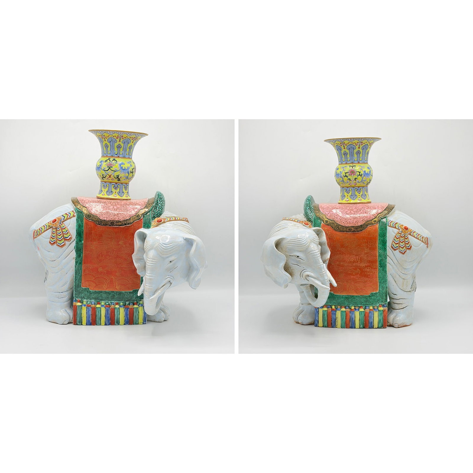 Pair of Chinese Enameled Porcelain Elephant Vases (1 of 9)