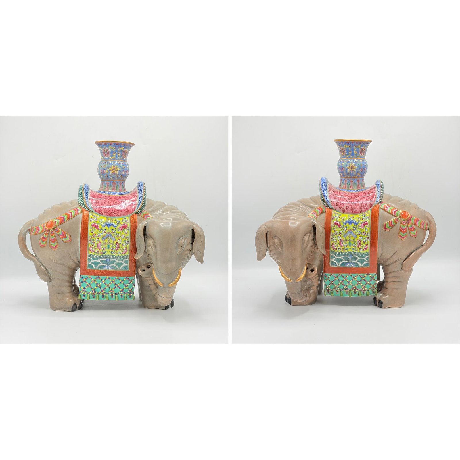 Pair of Chinese Enamelled Porcelain Elephant Vases (1 of 9)