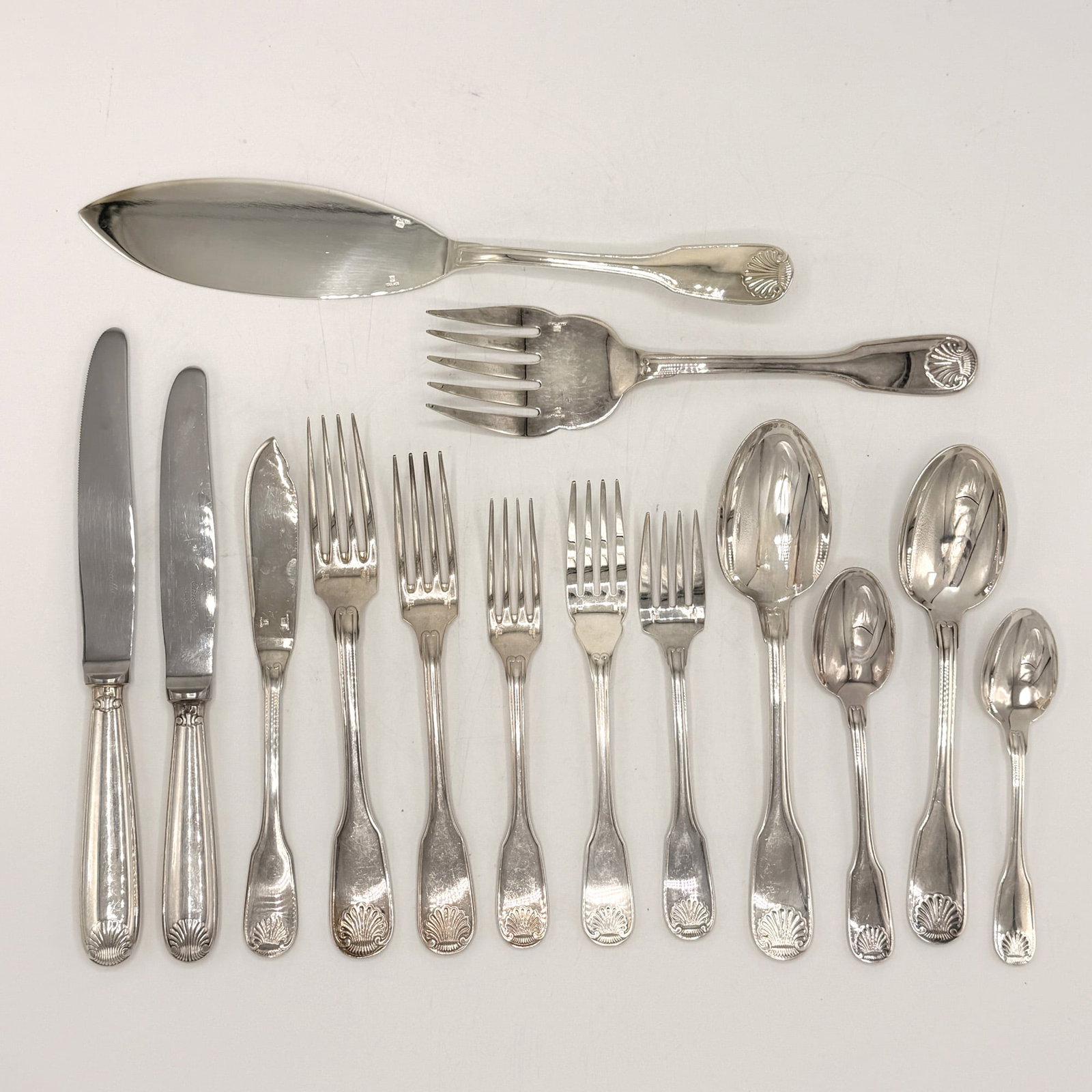 Christofle Silver Plated "Vendome-Arcantia" Pattern Flatware Service: Late 20th century Comprising: Six dinner forks Four lunch forks Eight dessert forks Four salad forks Six fish forks Four tablespoons Six dessert spoons Four teaspoons Six coffee spoons Six fish