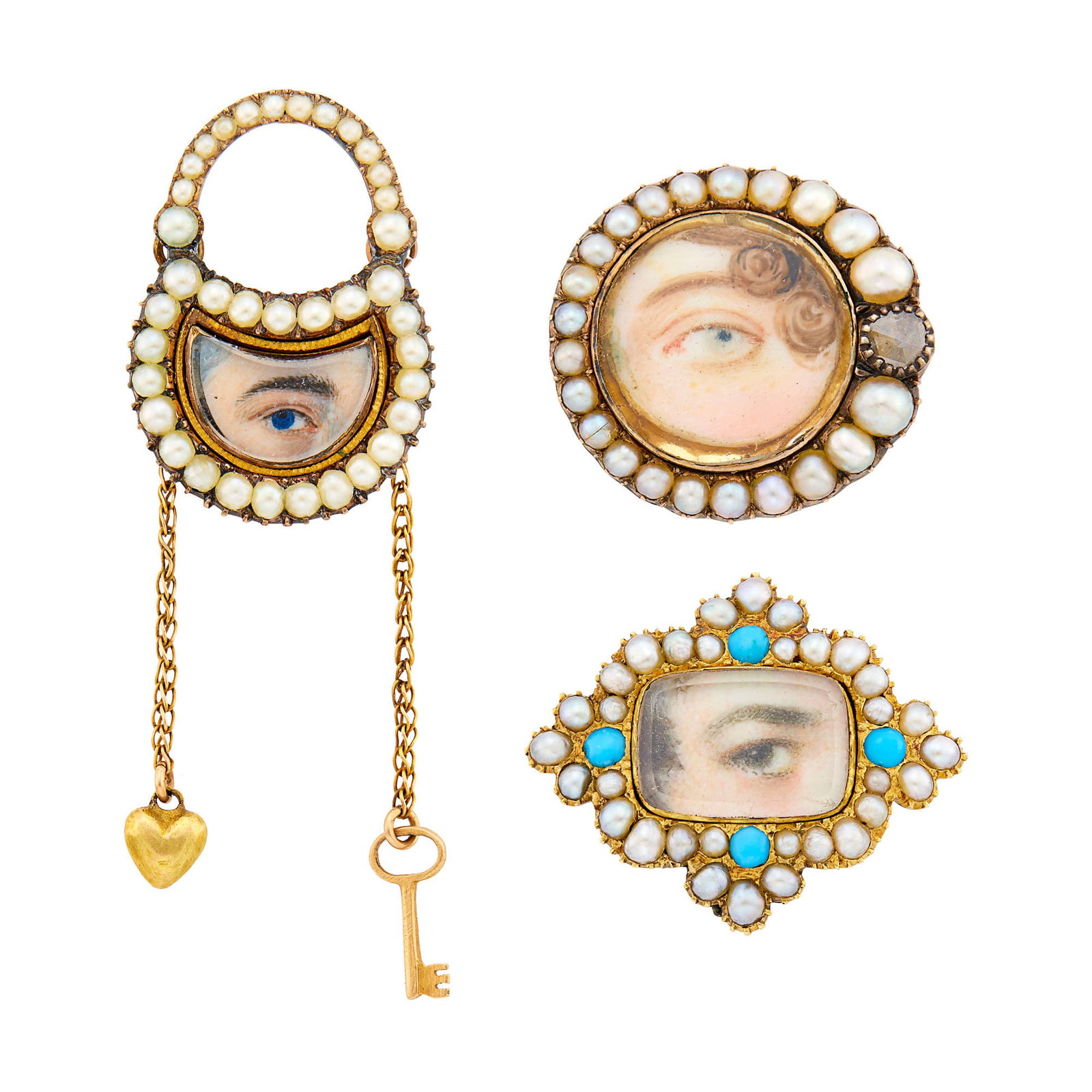 Antique Three Gold, Low Karat Gold, Split Pearl, Turquoise and Diamond 'Lover's Eye' Pins (1 of 1)