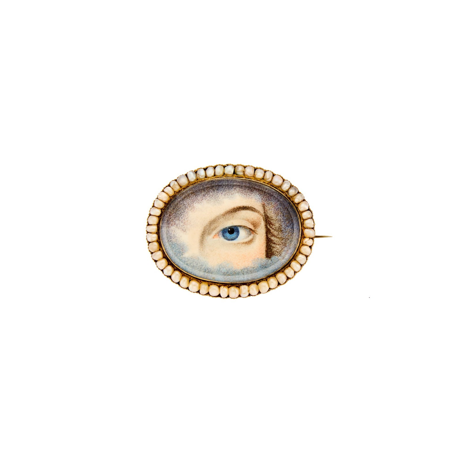 Antique Low Karat Gold and Split Pearl 'Lover's Eye' Brooch: Oval-shaped painted miniature eye portrait, small split pearls, ap. 8.4 dwts. gross. Tests below 10 kt., likely 9 kt. Pearls: creamy white, fair to good luster. Patina to gold. Metal pin. 1 1/2 x 1