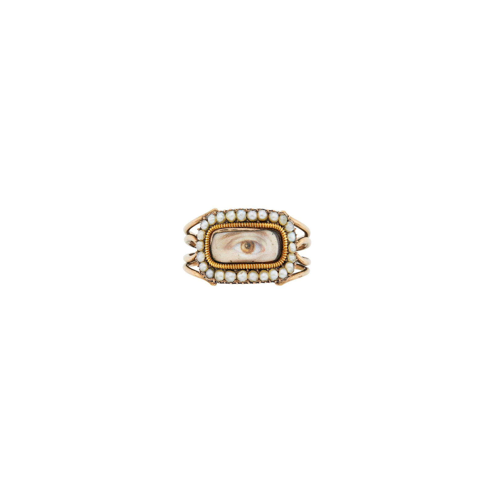 Antique Low Karat Gold, Painted Porcelain and Split Pearl Lover's Eye Ring: With personal engraving, c. 1780-1820, ap. 2.4 dwts. Size 7 1/2. Tests as 10 kt. Width 7/16 inch.
