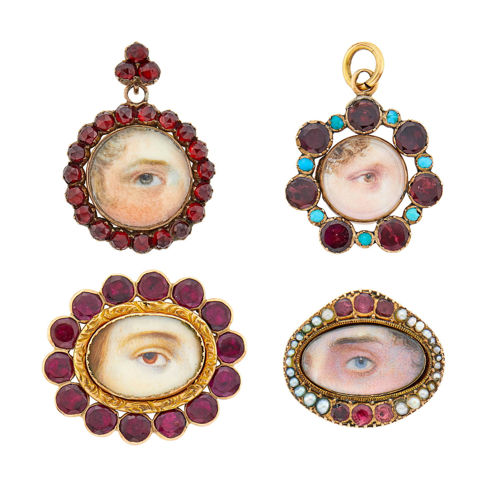 Antique Two Low Karat Gold, Gold-Filled, Garnet, Turquoise and Split Pearl 'Lover's Eye' Pendants (1 of 1)