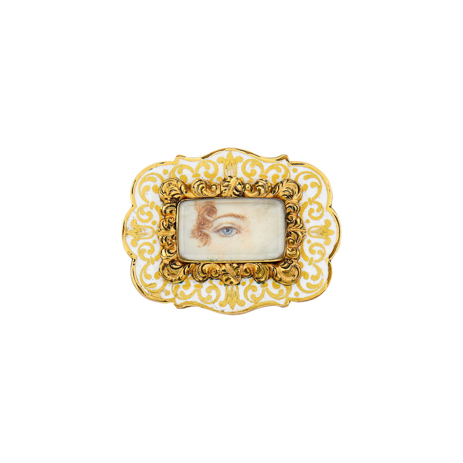 Antique Gold-Filled and White Enamel 'Lover's Eye' Brooch: Rectangular painted eye portrait, minor enamel loss. Gold filling wearing on reverse. Metal pin. 1 1/2 x 1 1/8 inches.