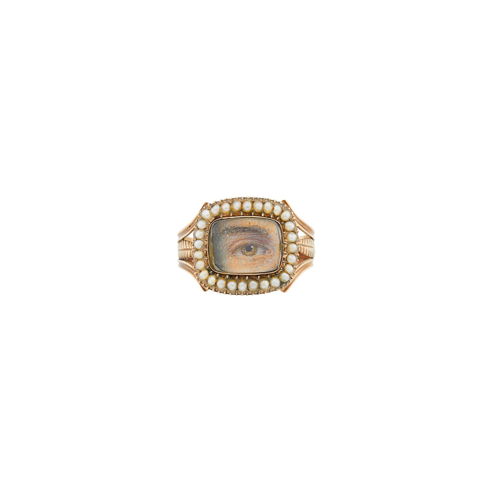 Antique Low Karat Gold, Painted Porcelain and Split Pearl Lover's Eye Ring: C. 1780-1820, ap. 2.3 dwts. Size 9 1/2. Tests as 9 kt.\ Width 9/16 inch.