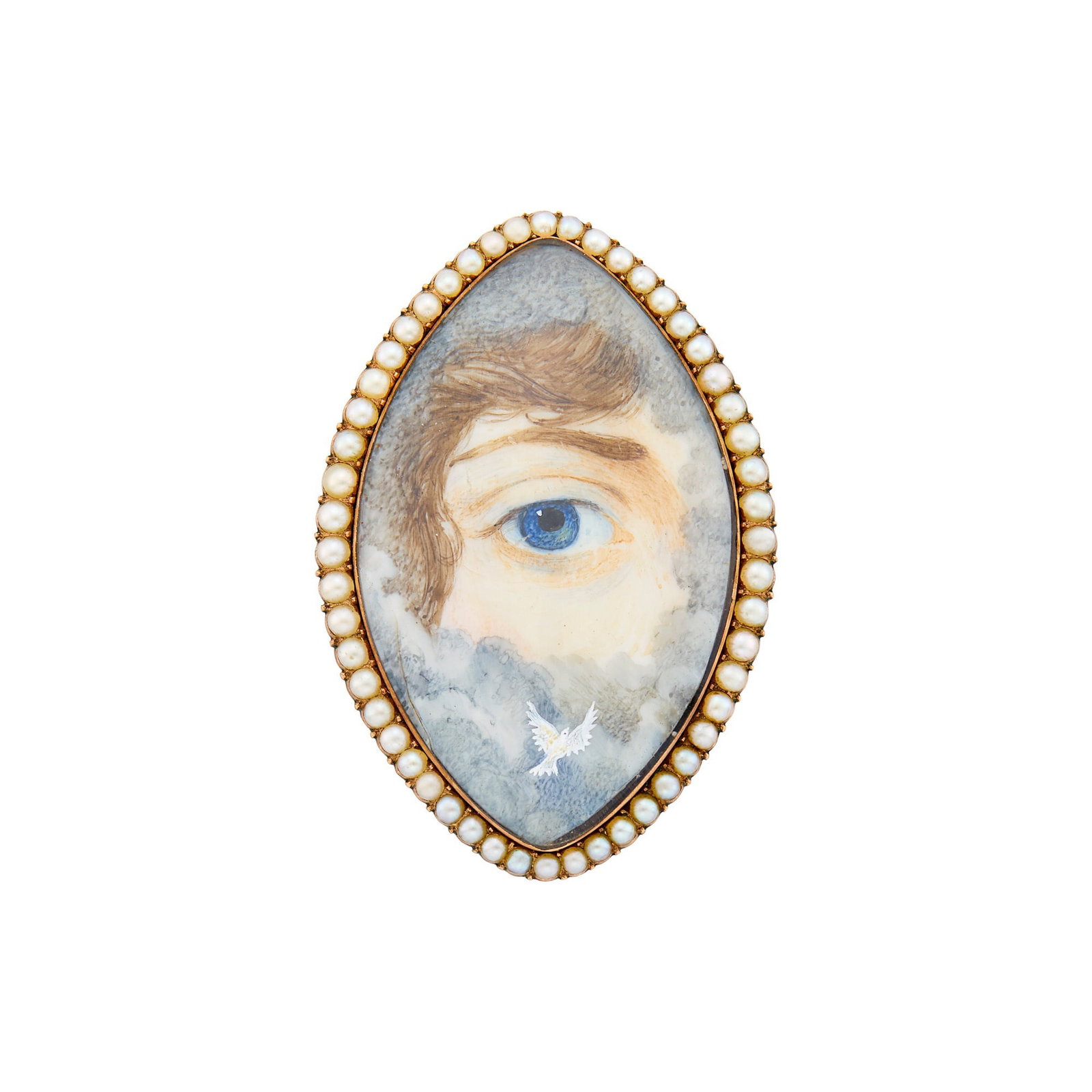 Antique Low Karat Gold and Split Pearl 'Lover's Eye' Pendant-Brooch: Navette-shaped painted eye portrait with clouds and dove, small split pearls, reverse with glazed compartment containing braided hair, with collapsible pendant loop, ap. 7.8 dwts. Tests below 10 kt., 
