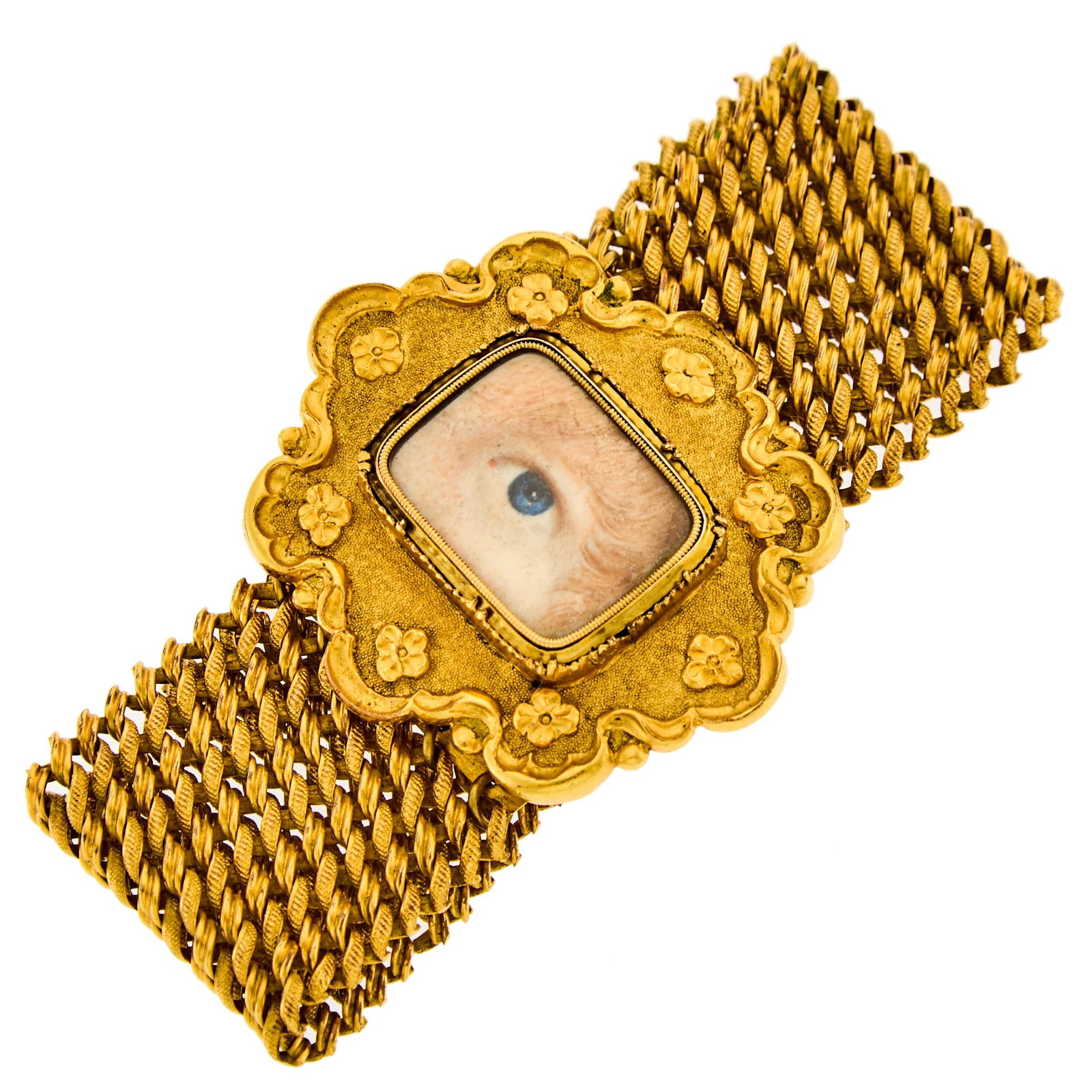 Antique Pinchbeck 'Lover's Eye' Bracelet: Painted miniature eye. Length 7 1/2 inches. Signs of normal wear. Few links slightly stretched. Missing one jump ring at clasp.