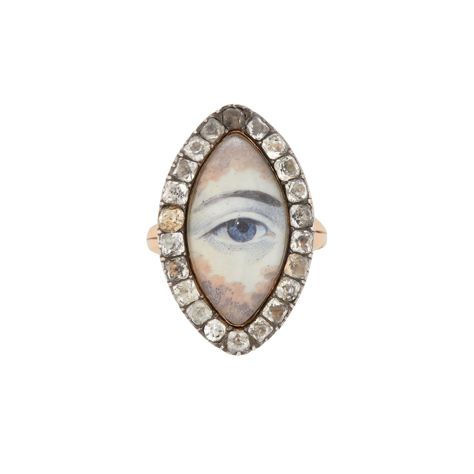 Antique Low Karat Gold, Silver and White Topaz 'Lover's Eye' Ring: Navette-shaped painted eye within clouds, cushion-shaped white topaz, personal engraving on reverse, one white topaz replaced with paste, c. 1786, ap. 4.5 dwts. Size 9 3/4. Tests as 10 kt. Crystal mod