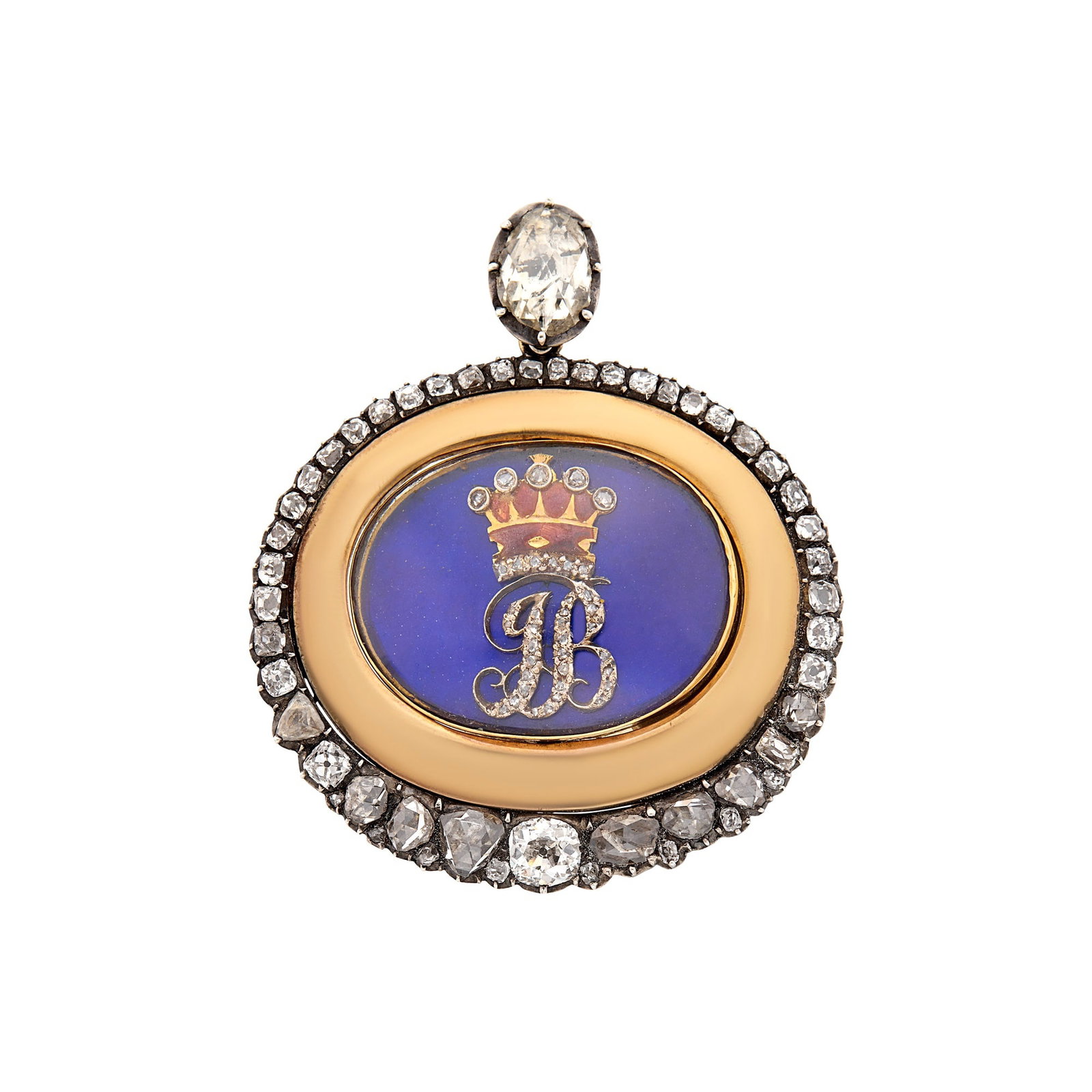 Antique Low Karat Gold, Silver, Cobalt Glass, Enamel and Diamond 'Lover's Eye' Pendant: One oval foil-backed rose-cut diamond ap. 9.6 x 6.5 mm., one old-mine cut diamond ap. .50 ct., old-mine and rose-cut diamonds, 'JB' monogram, reverse with painted eye portrait with clouds, circa 1820,