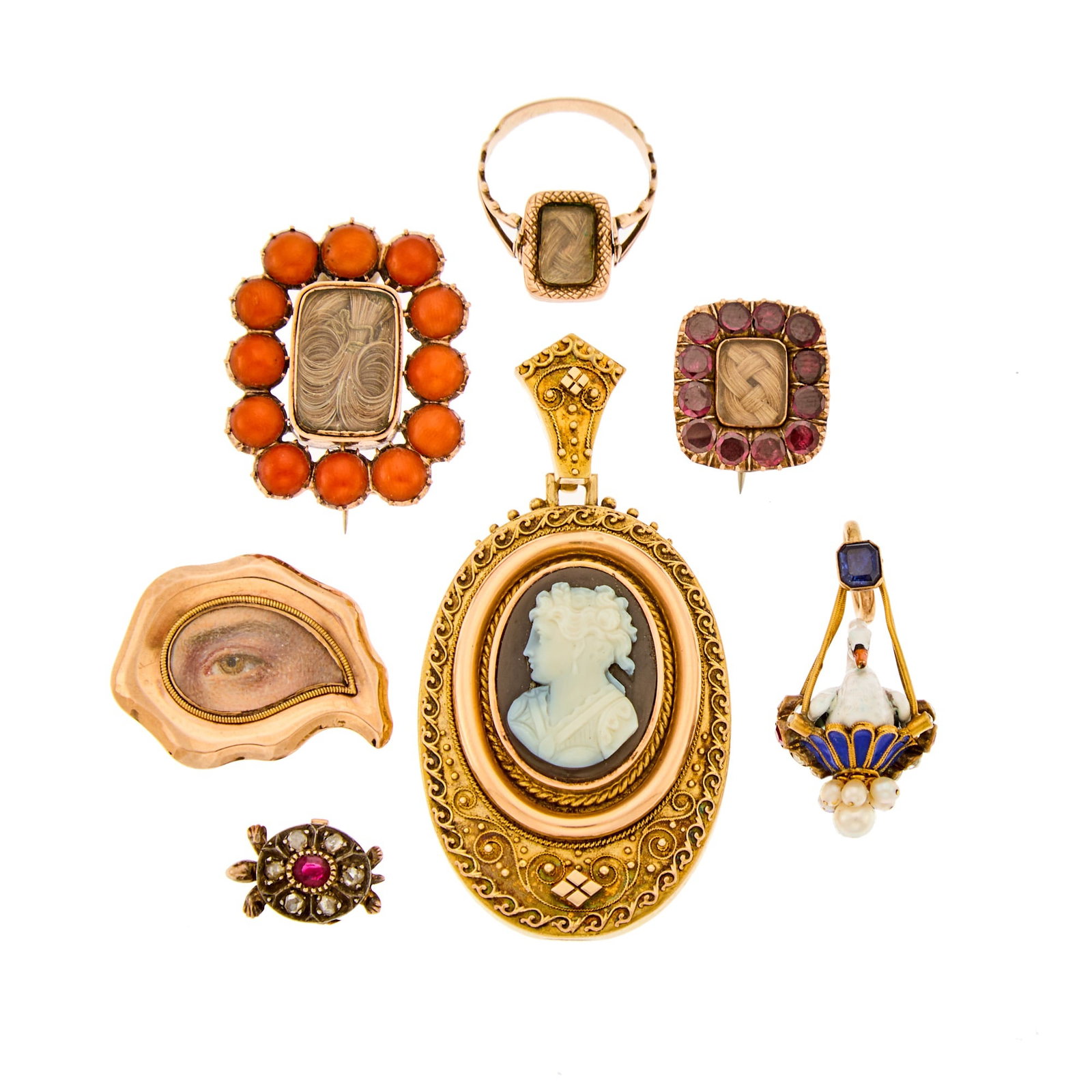 Group of Antique Gold, Low Karat Gold, Silver and Gem-Set Jewelry: One black onyx cameo, one painted lover's eye portrait, round rhodolites, cabochon coral, one emerald cut sapphire, one oval and two cushion-cut small rubies, freshwater pearls, rose-cut diamonds, bla