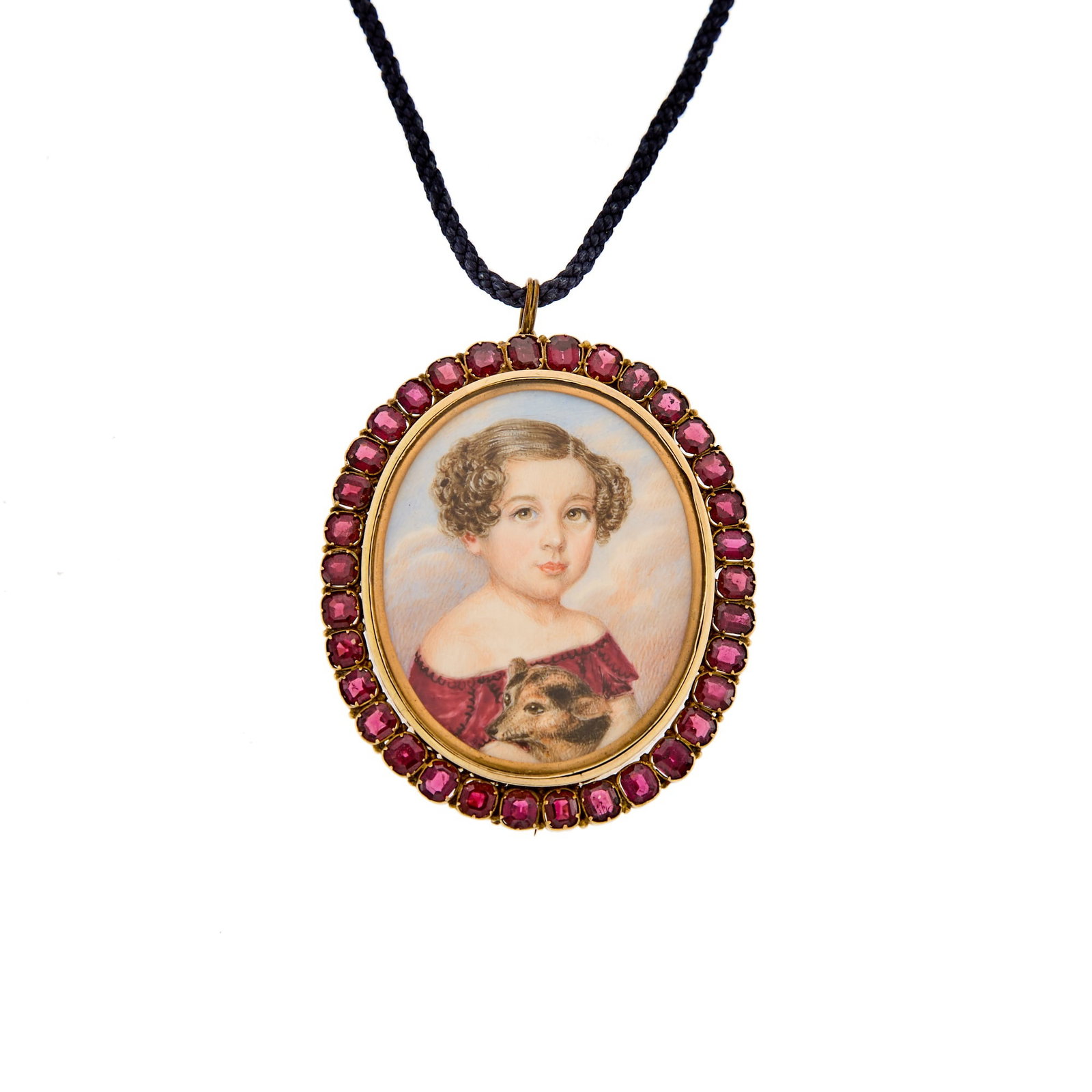 Gold, Painted Portrait and Garnet Pendant-Brooch with Cord Necklace: One painted portrait, square step-cut garnets, ap. 28.4 dwts. gross. Length 36 inches. Gold tests as 14 kt. Repair at pin hinge on reverse. Garnets: medium deep purplish-red, cleanish to slightly incl