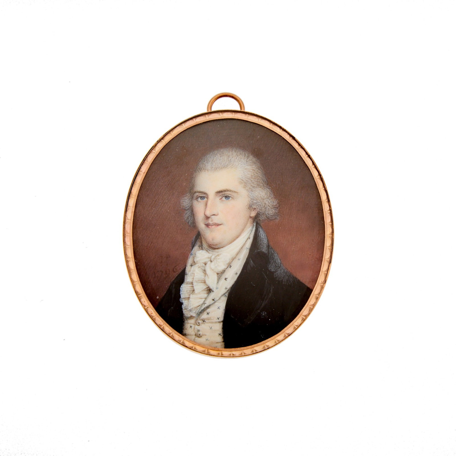 Low Karat Rose Gold and Painted Portrait Pendant: One painted portrait, ap. 24 dwts. gross. Gold tests as low karat. Few minor dents at back, some patina at sides. 3 1/16 (with pendant loop) x 2 1/4 inches.